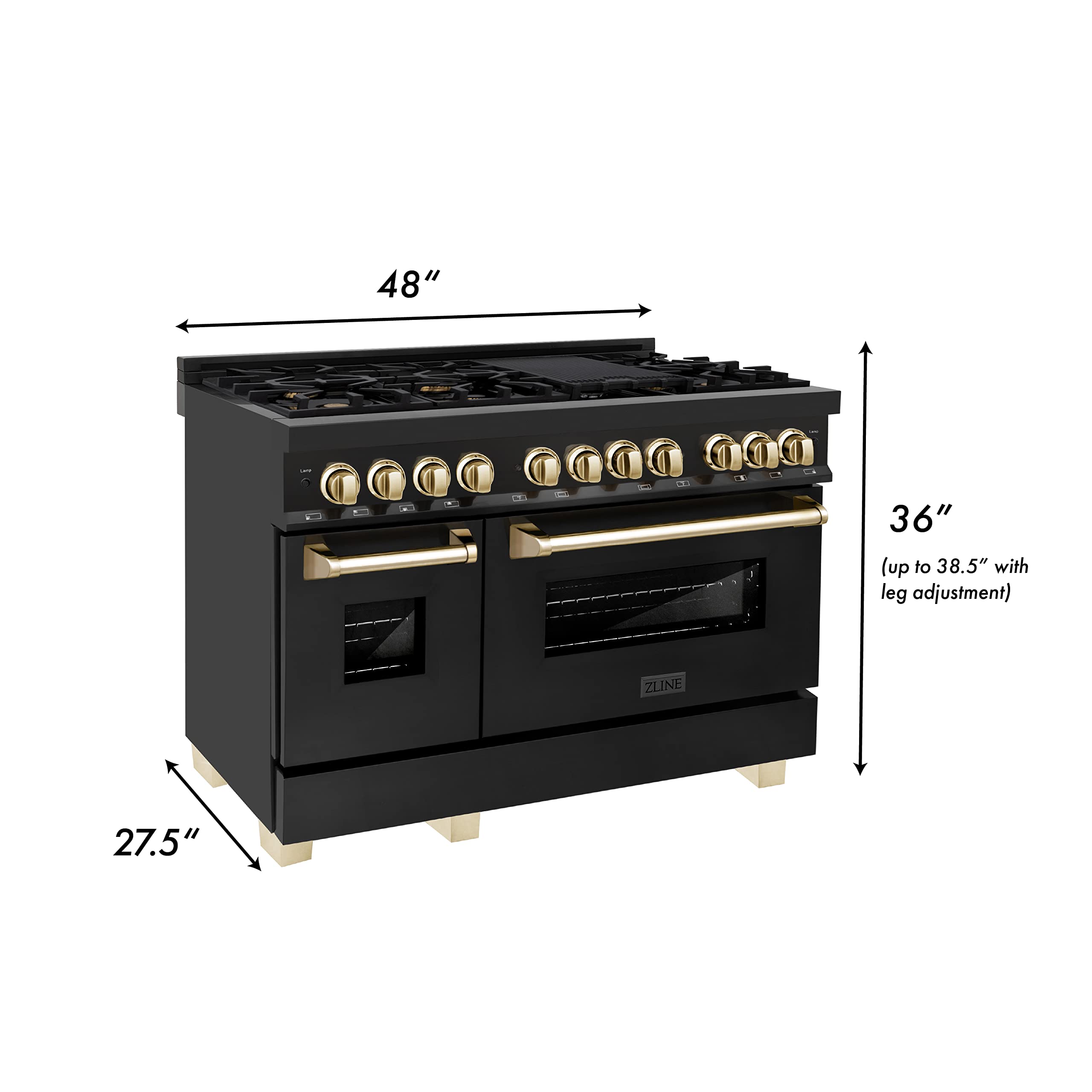 ZLINE Autograph Edition 48-Inch 6.0 cu. ft. Dual Fuel Range - 7 Burner Gas Cooktop & 2 Electric Ovens - Black Stainless Steel with Polished Gold Accents (RABZ-48-G) - Perfect for Professional Kitchens & Luxury Home Cooking