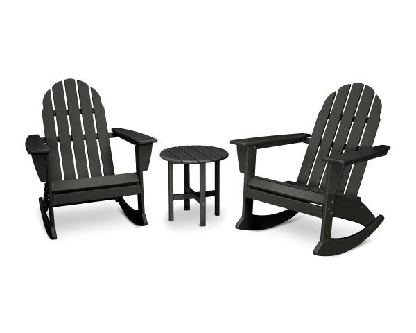 Polywood Black Vineyard 3-Piece Adirondack Rocking Chair Set - Durable Outdoor Patio Furniture for Garden, Poolside & Backyard Relaxation