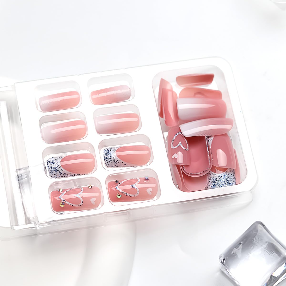 Glitter French Tip Heart Press on Nails - 24Pcs Medium Square Fake Nails with Rhinestones Design | Glossy Gradient Pink False Nails | Reusable Stick on Nails for Women | Perfect for Parties, Weddings, and Special Occasions