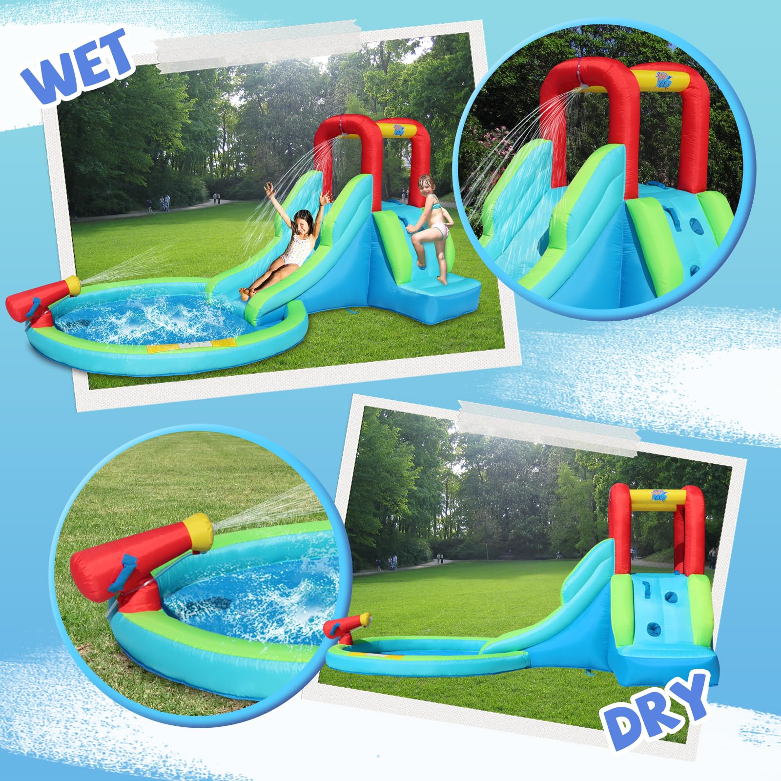 Inflatable Waterslide with Bounce House for Kids - Outdoor Water Park Slide for Wet & Dry Play - Summer Backyard Fun with Water Gun & Splash Pool - Ages 3-8 - Perfect for Birthday Parties, Backyard Playdates & Summer Celebrations