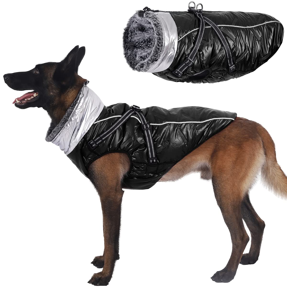 CBBPET - Waterproof Windproof Reversible Winter Dog Jacket for Large Dogs, Warm Reflective Dog Coat with Furry Collar - Cold Weather Dog Clothes for Outdoor Walking, Hiking & Daily Use