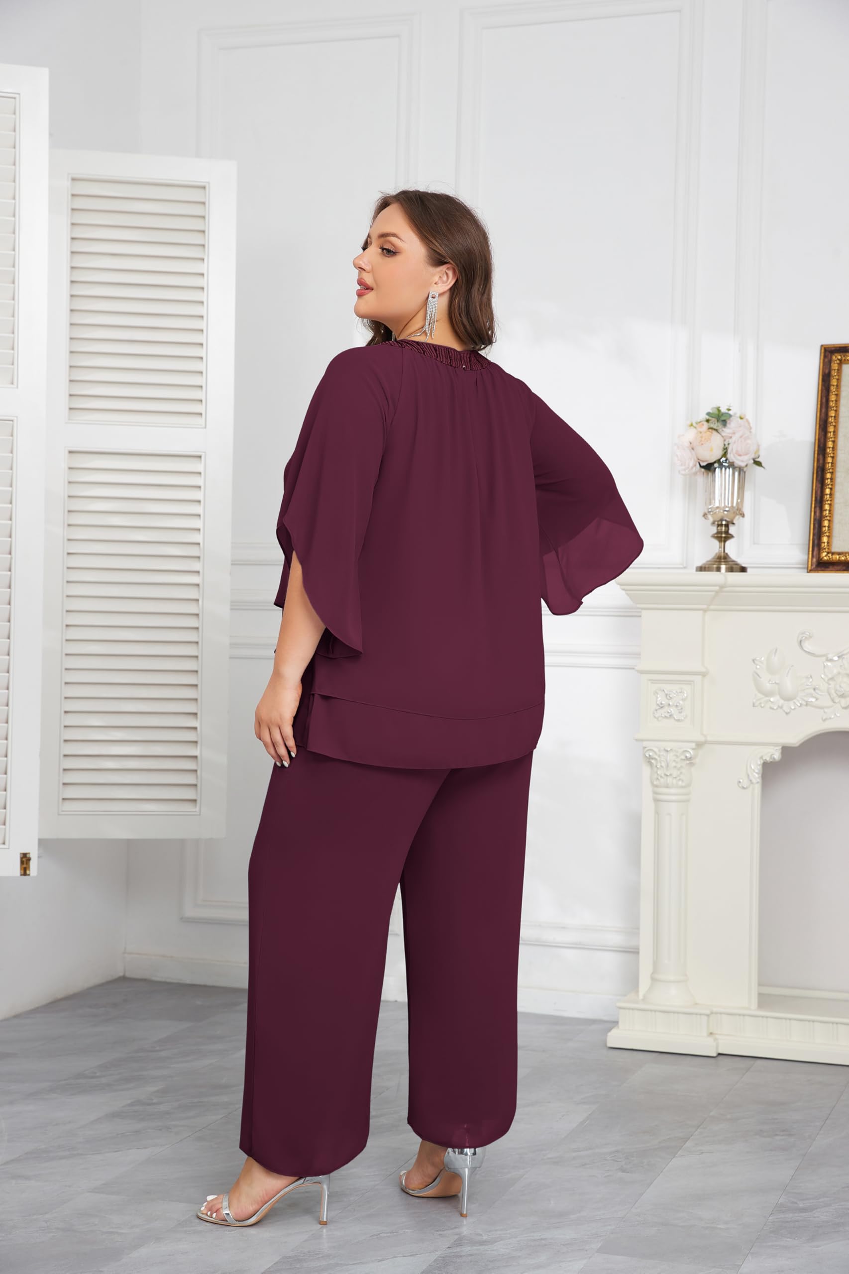 Hanna Nikole Plus Size Mother of the Bride Pant Suit - 2 Piece Chiffon Formal Pantsuit with Half Sleeves for Wedding Guest Outfit | Elegant Wedding Party Attire & Special Occasion Wear