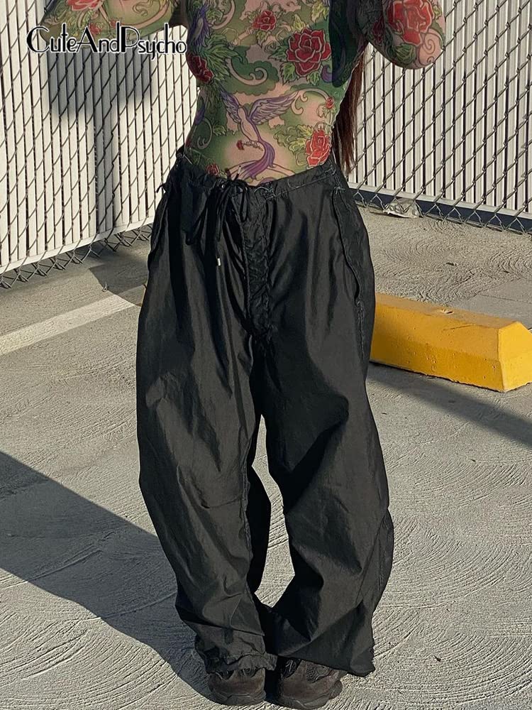 Women's Baggy Cargo Pants - Low Waist Loose Wide Leg Joggers with Drawstrings | Streetwear Sweatpants for Casual Wear, Hip Hop Fashion & Outdoor Activities