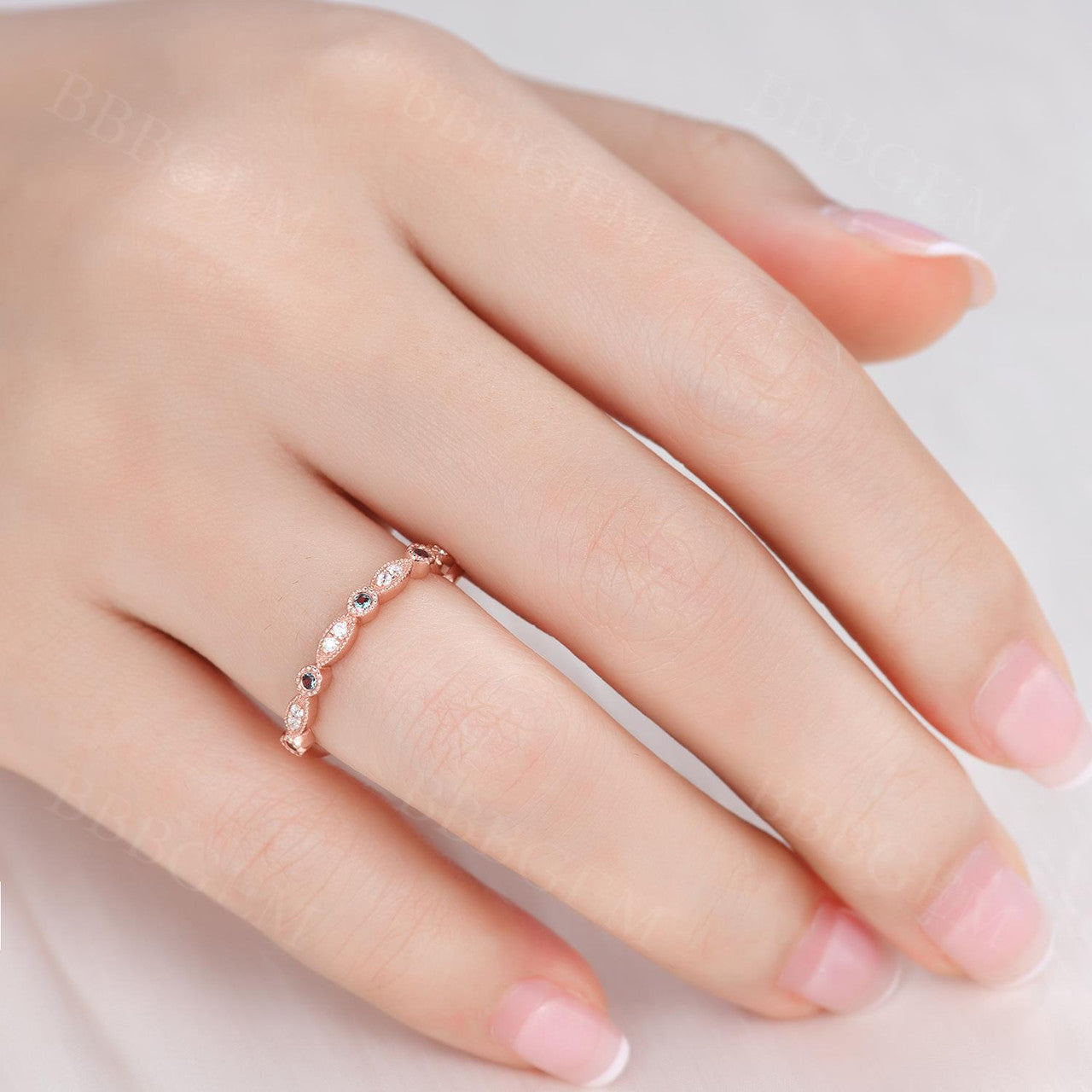 Exquisite Marquise & Round Alexandrite Diamond Wedding Ring - 14K Rose Gold Milgrain Half Eternity Band for Women | Perfect Anniversary Gift, Engagement Ring & Bridal Jewelry for Special Occasions