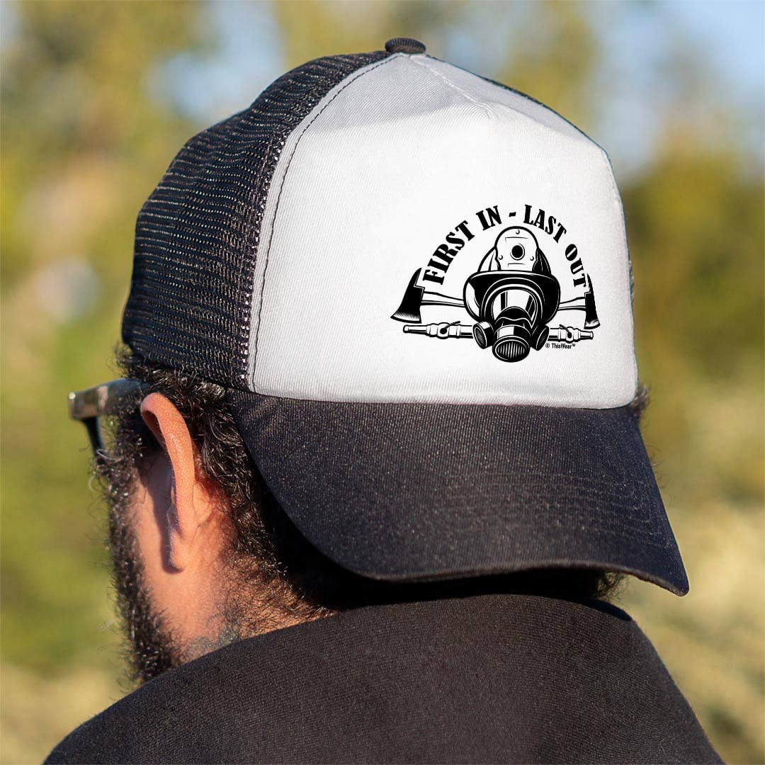 Firefighter First in Last Out Trucker Hat - Adjustable Snapback Cap for Firefighters, EMTs & First Responders - Perfect for Work, Training & Outdoor Activities