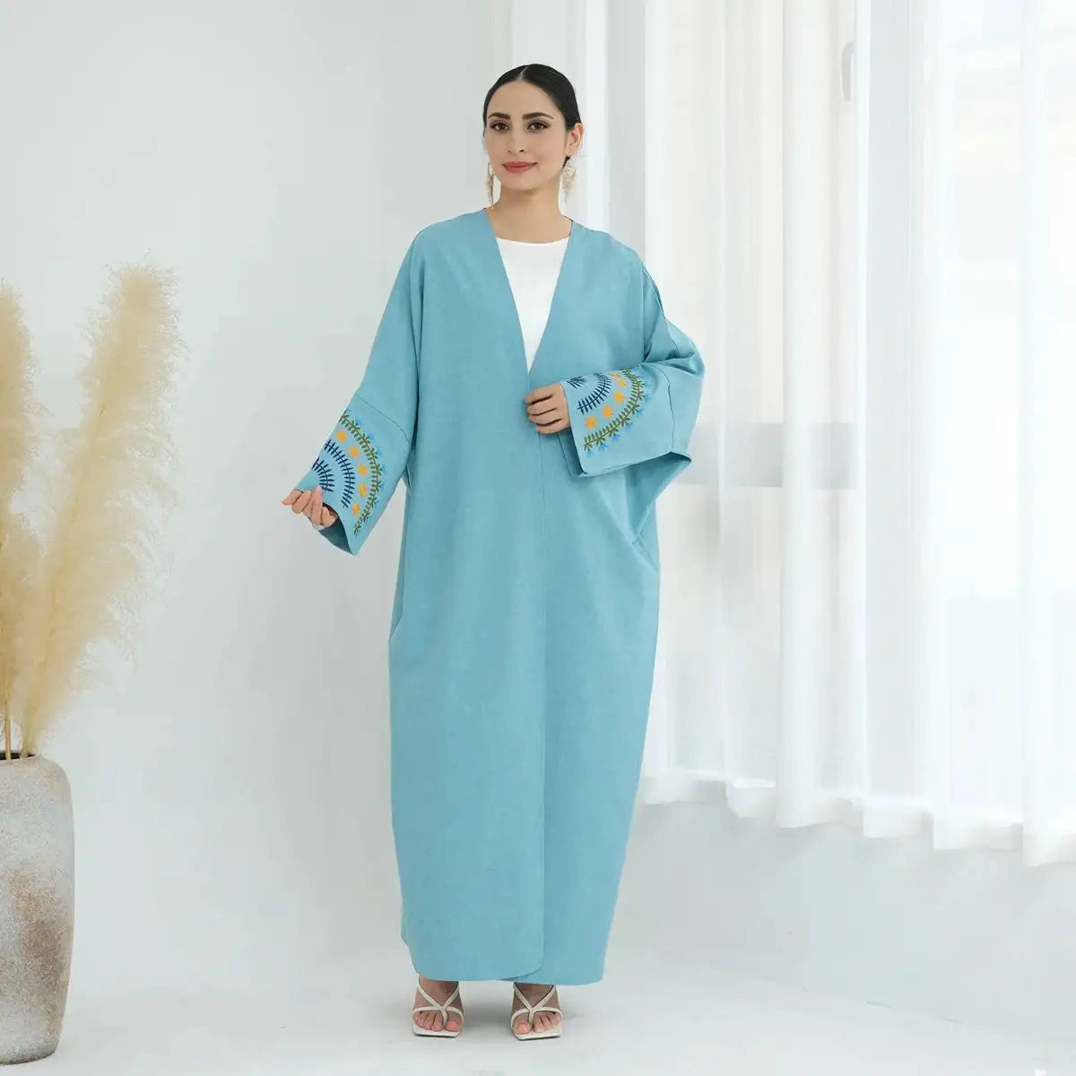 Elegant Colorful Embroidery Cuff Cardigan Open Abaya Dress for Women - Boho Chic Cover Up for Mosque, Prayer, and Special Occasions