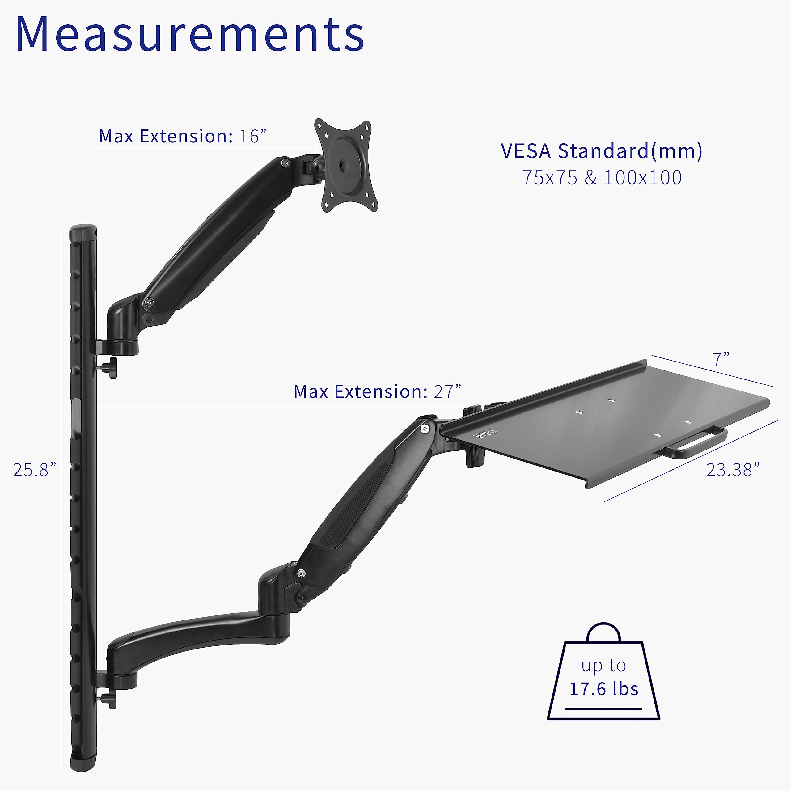VIVO Black Sit-Stand Wall Mount Adjustable Monitor and Keyboard Workstation for 13-27 inch Screens | Ergonomic Home Office Desk Solution for Standing & Sitting Work | Perfect for Small Spaces & Dual Monitor Setups