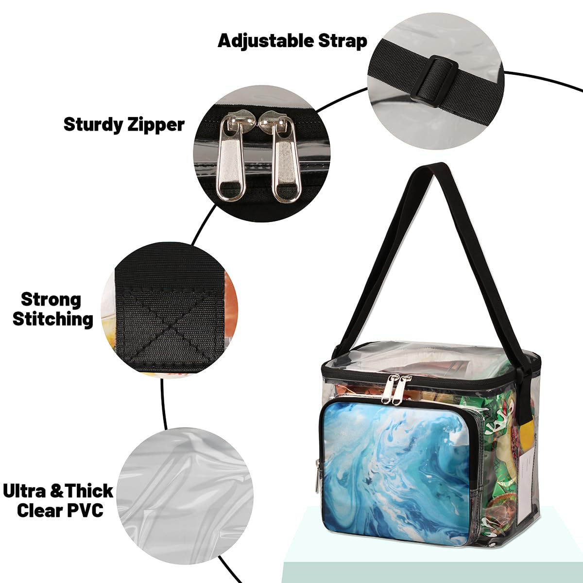 GzLeyigou Blue Marbling Skin Clear Tote Bag with Handles - Transparent Crossbody Shoulder Bag for Lunch, Outdoor, Travel, Picnic, Concerts & Sports Events - Stadium Approved Liquid Texture Purse for Women & Teens - Perfect for Beach, Shopping, Gym & Daily Use