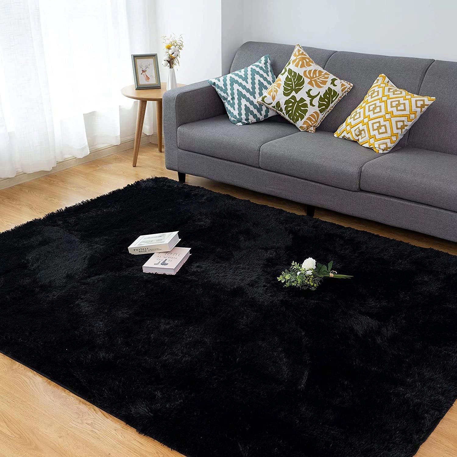 CHOSHOME Super Soft Fluffy Velvet Shag Rug - 90 x 150cm Large Anti-Skid Carpet for Bedroom & Living Room | Modern Indoor Area Rug, Plush Shaggy Mat for Cozy Home Decor (Black)