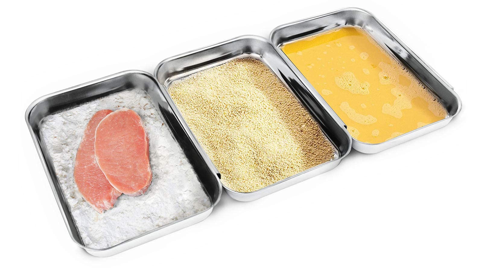 HULISEN 3-Piece Stainless Steel Breading Pans Set for Marinating Meat, Chicken, Fish - Food Prep & Coating Trays, Oven Safe for Baking Cakes - Perfect for Kitchen, Restaurant & Home Cooking