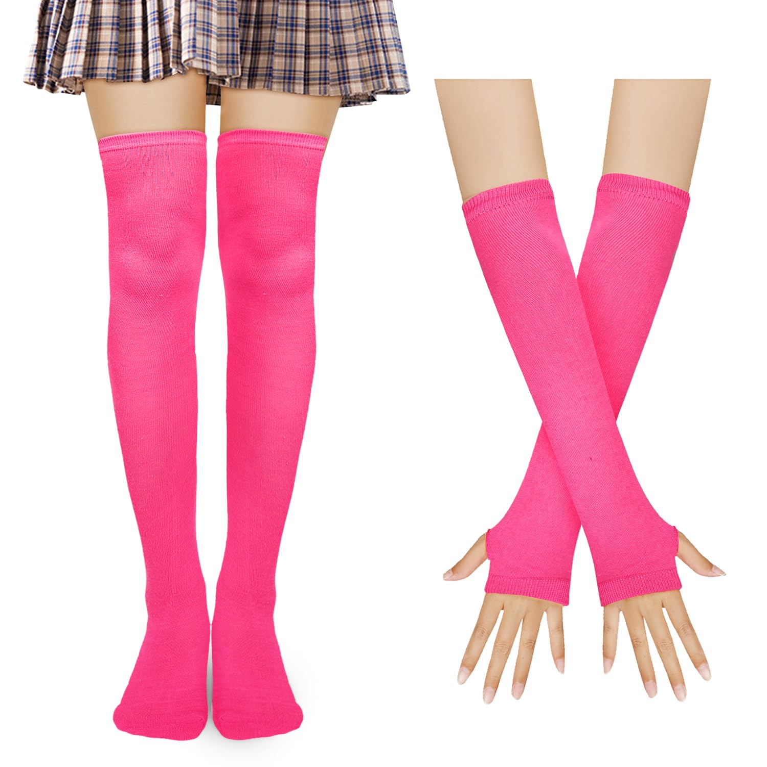 Benefeet Women's Striped Thigh High Socks & Arm Warmers Set with Fingerless Gloves - Over Knee High Stockings for Halloween, Cosplay, and Winter Fashion