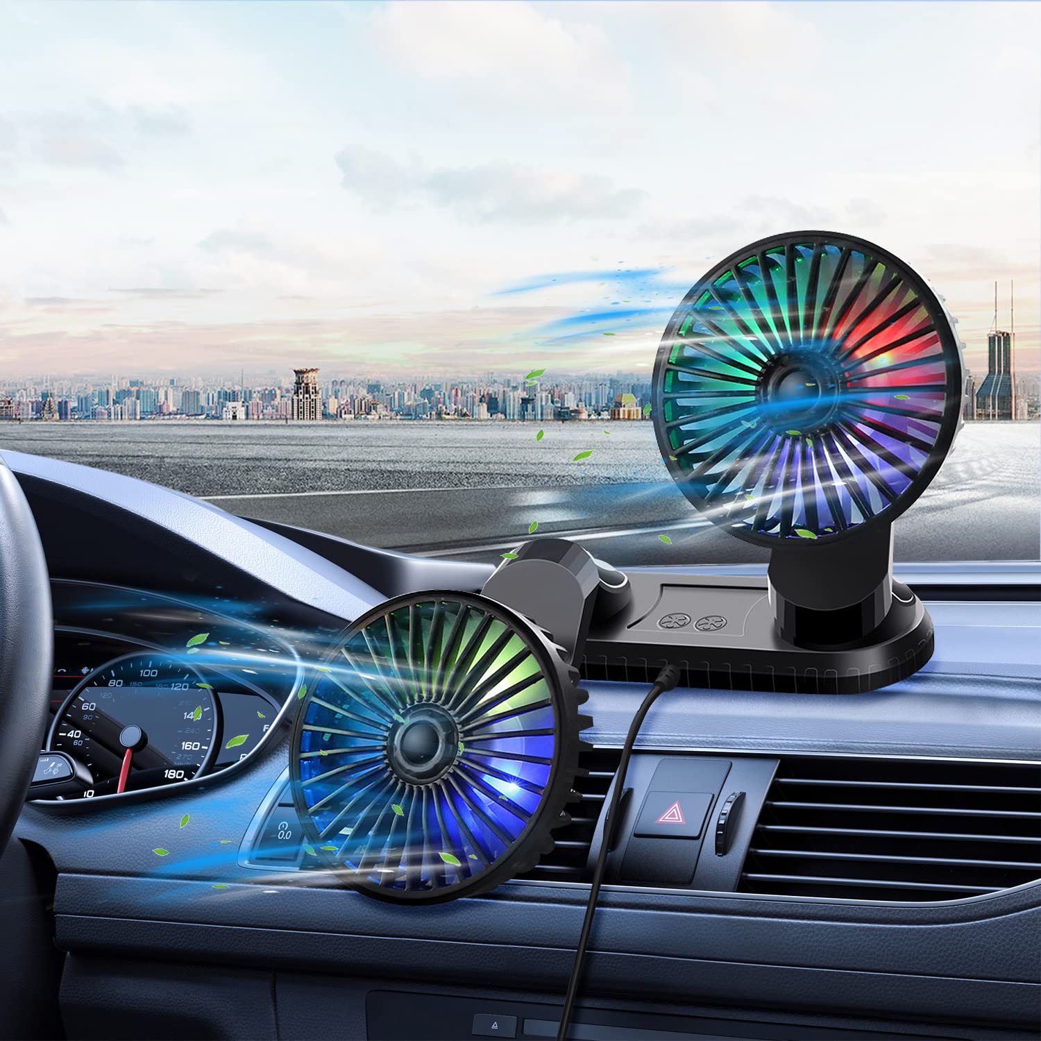 2024 Upgraded Qidoe Dual Head USB Car Fan with LED Lights - 3 Speed Adjustable, 360° Rotation Portable Cooling Fan for Car Dashboard, SUV, RV, Truck, Sedan - Perfect for Home, Office & Vehicle Use - USB Powered Personal Fan for Summer Travel & Work Spaces
