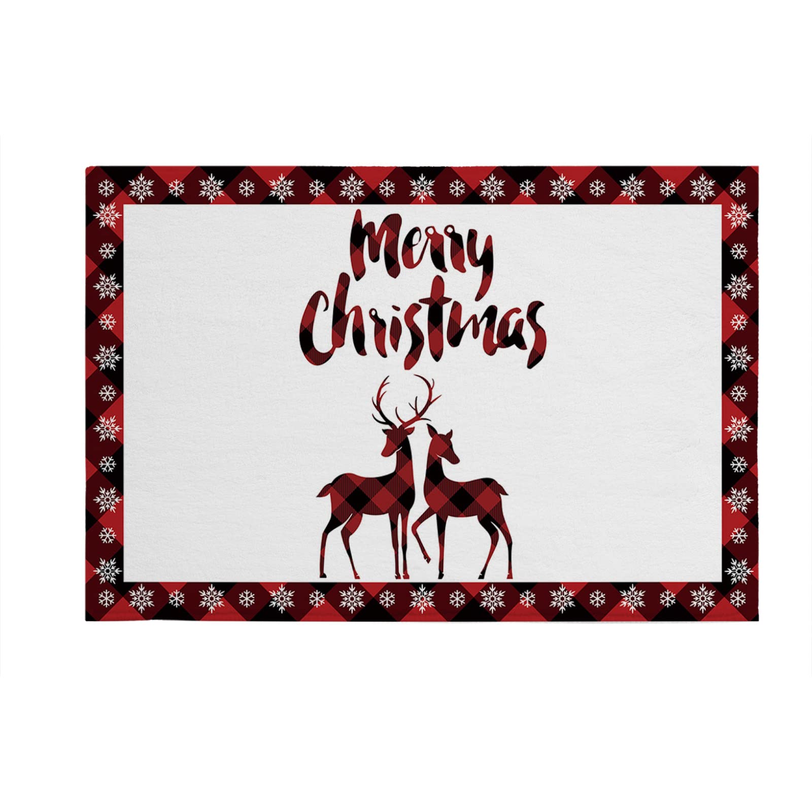 Soft Plush Red Check Plaid Elk Reindeer Bathroom Rug - Non-Slip Absorbent Christmas Winter Snowflake Doormat (20x31.5in) for Cozy Bedroom, Bathroom & Front Door Entrance - Perfect Holiday Home Decor Gift