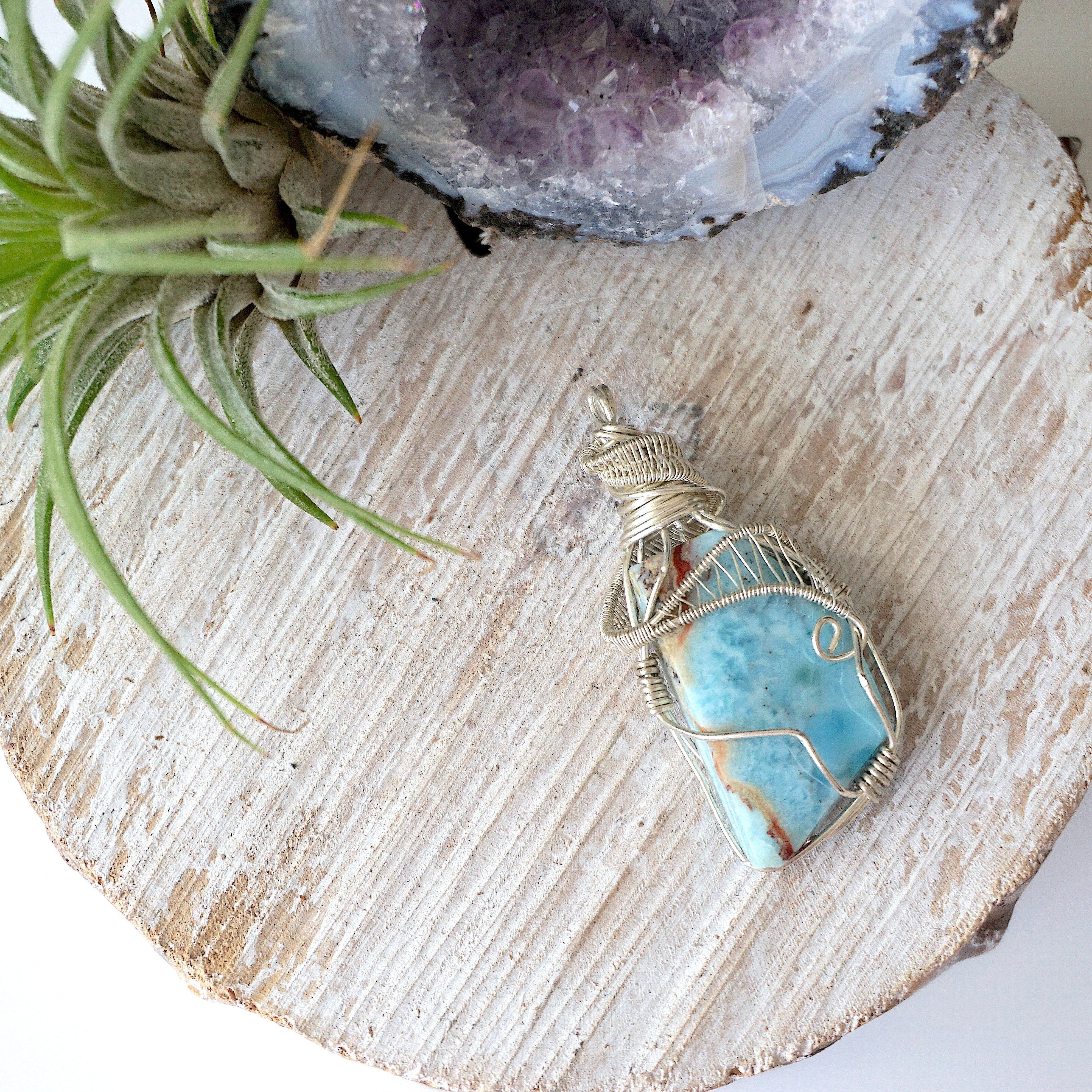Natural Raw Larimar Crystal Pendant Necklace - 925 Sterling Silver Jewelry for Women - Healing Stone Gift for Birthdays, Meditation & Spiritual Protection