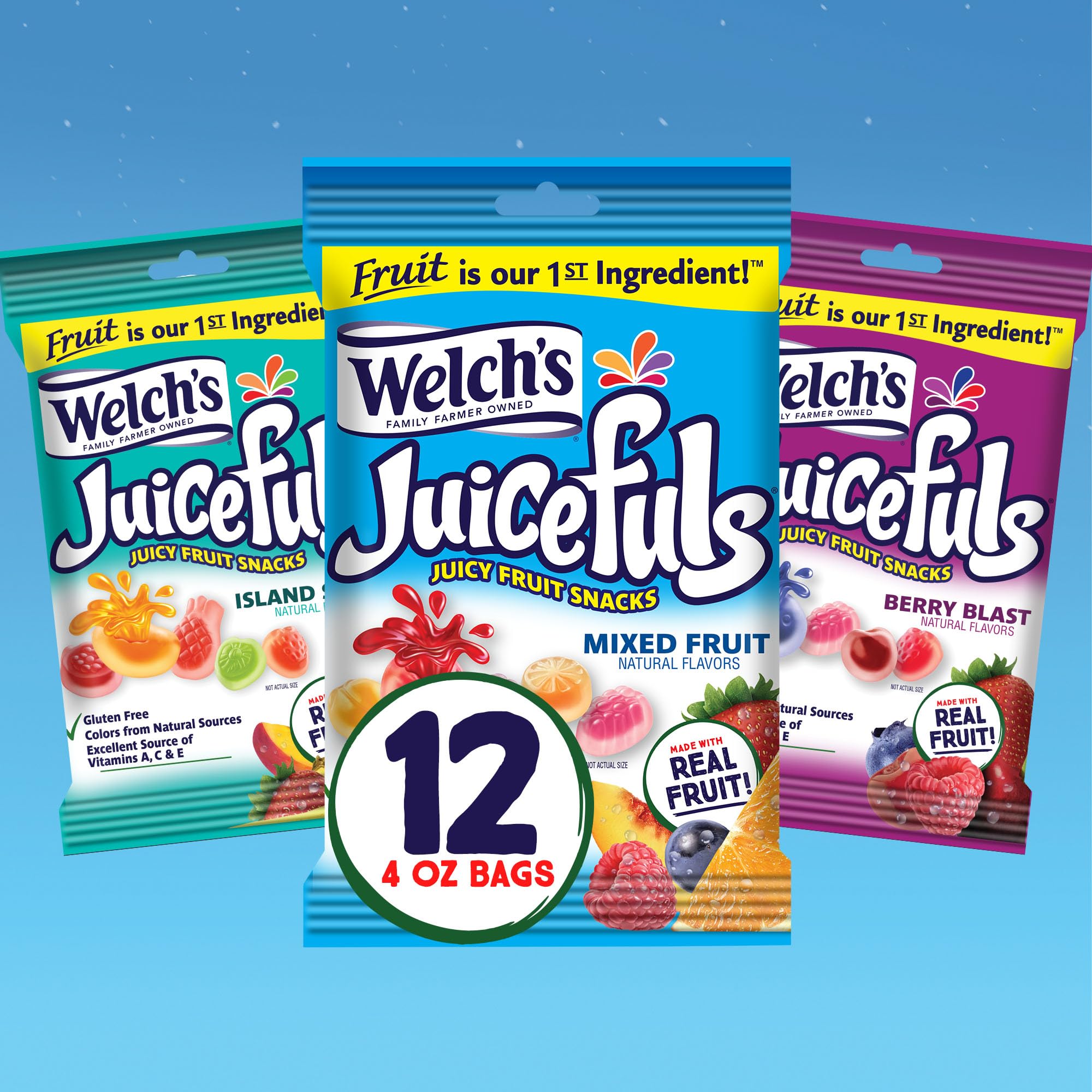 Welch's Juicefuls Mixed Fruit Snacks Variety Pack - Berry Blast, Island Splash & Fruit Gushers - Gluten Free, 4oz Single Serve Bags (Pack of 12) - Perfect for School Lunches, Office Snacks & On-the-Go Healthy Treats