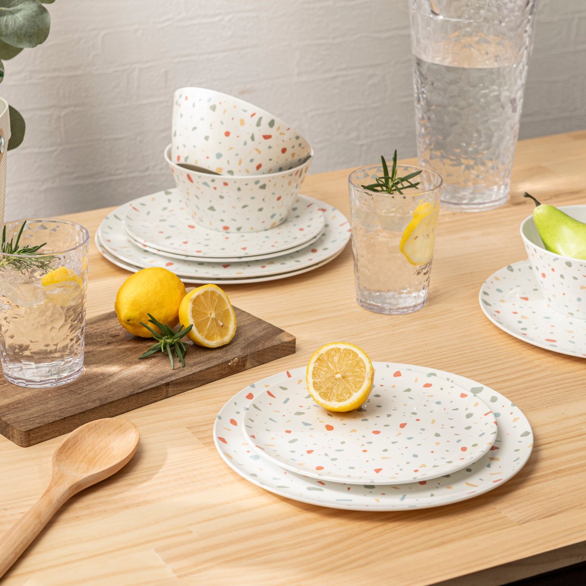 12-Piece Outdoor Dinnerware Set - Durable White Confetti Melamine Plates & Bowls for Picnics, BBQs, and Pool Parties - Shatterproof Dishware for Outdoor Dining