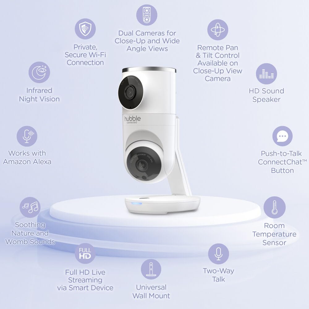 Hubble Connected Nursery Pal Dual Vision Smart Wi-Fi Baby Monitor with AI Motion Tracking, Night Vision, Soothing Sounds & Lullabies - White | AI-Powered Infant Safety Camera for Nursery, Bedroom & Travel Use