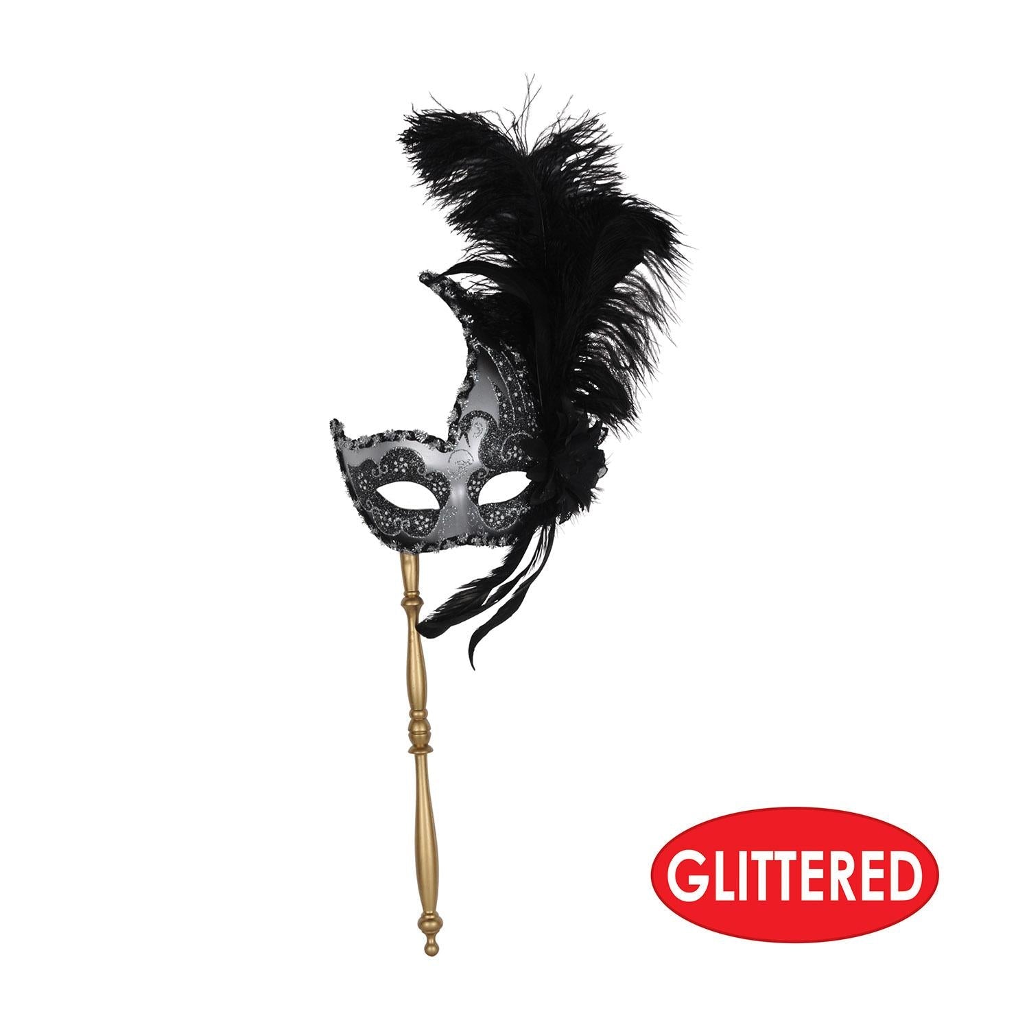 12 Pack Beistle Feathered Mardi Gras Costume Masks with Sticks - Colorful Party Masquerade Accessories for Carnival, Halloween, and Costume Parties