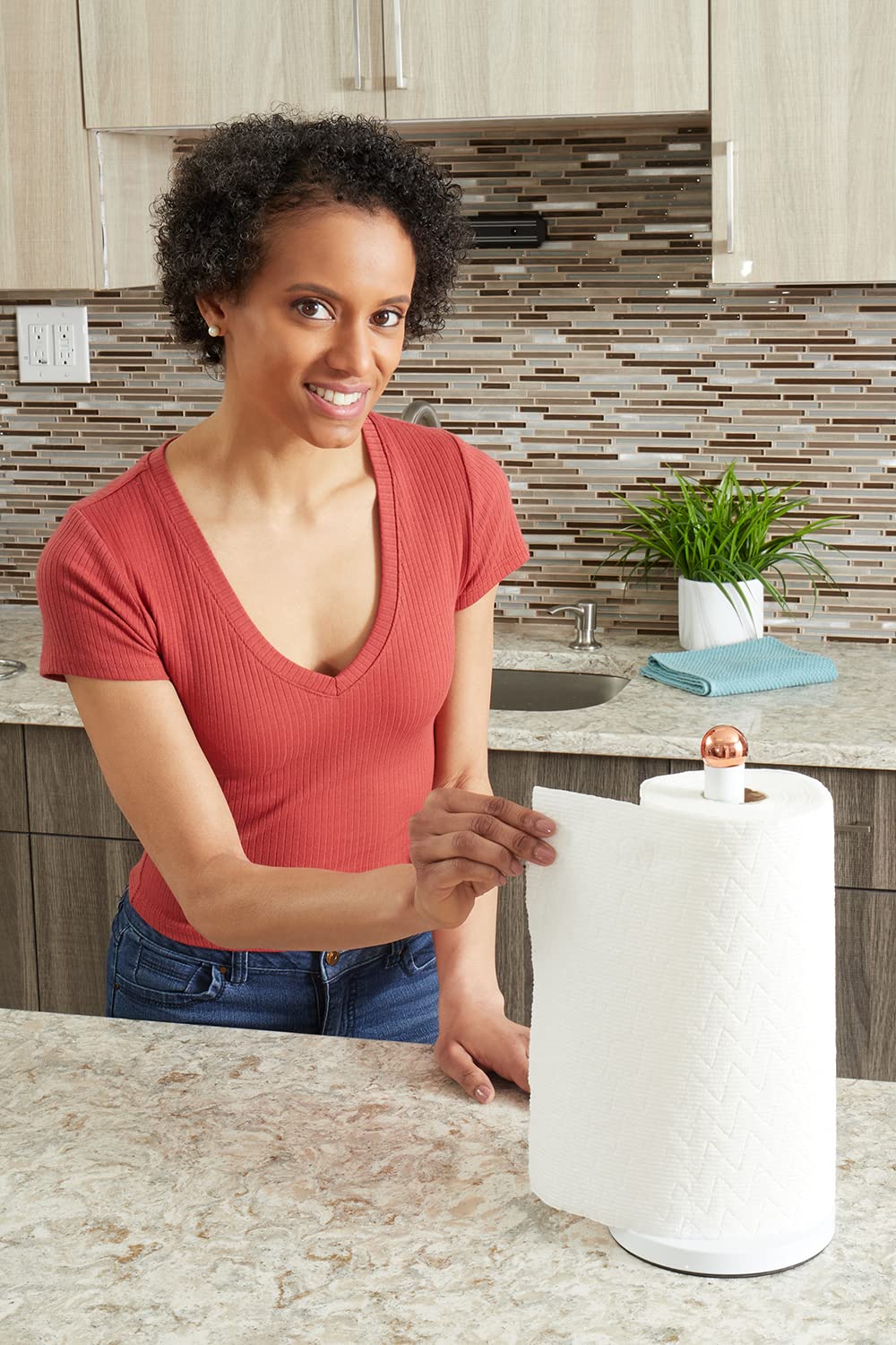 Home Basics Grove Free Standing Paper Towel Holder with Weighted Padded Base - White 13.5 Inch | Sturdy Kitchen Counter Organizer for Easy Access to Paper Towels