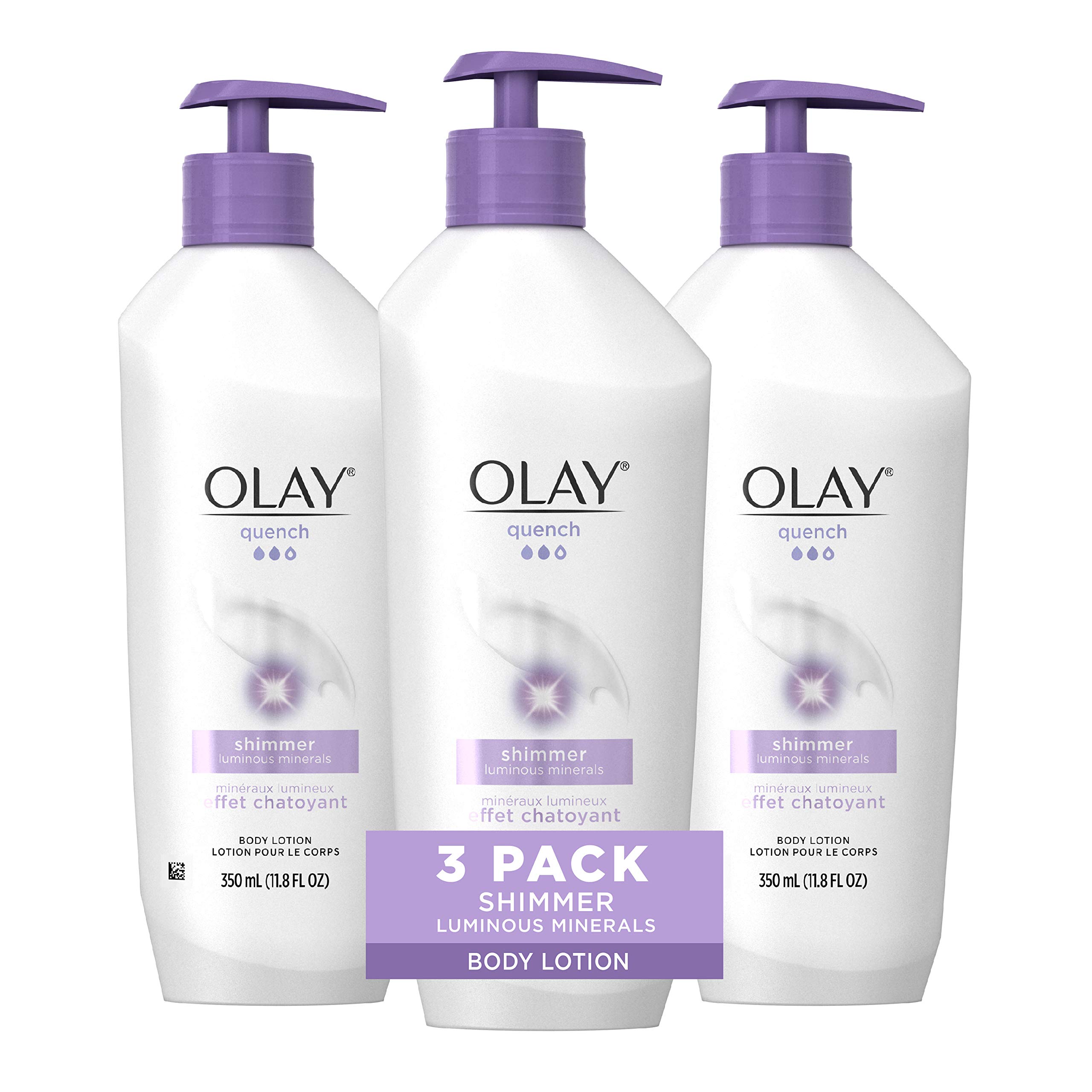 Olay Quench Shimmer Body Lotion Pump - 11.80 oz (Pack of 3) | Hydrating & Glowing Moisturizer for Dry Skin | Perfect for Daily Use, Spa Days & Gift Giving
