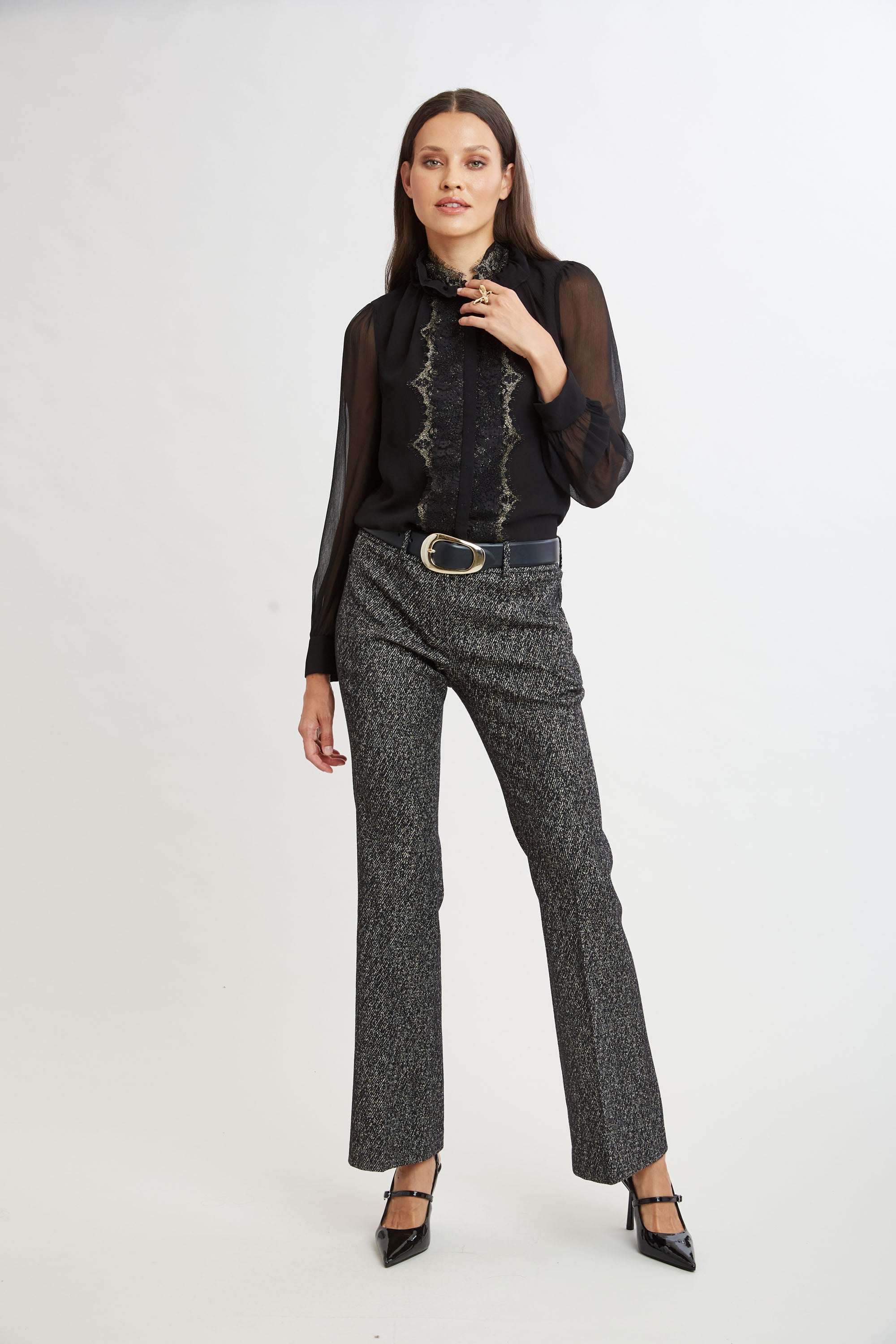 Elegant Metallic Lace Trim Silk Blouse for Women - Perfect for Office Wear, Evening Parties & Special Occasions