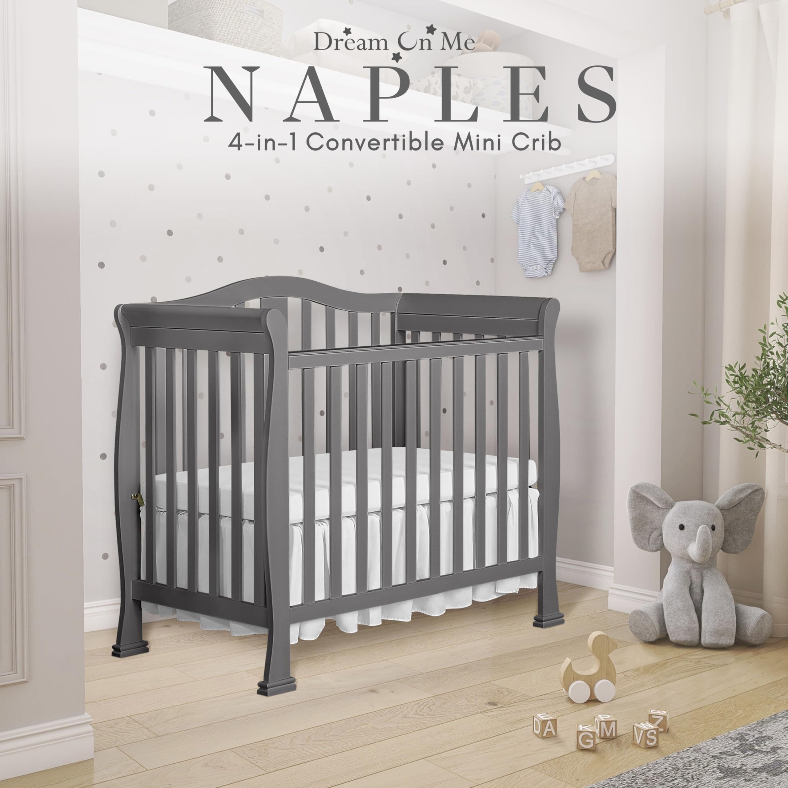 Dream On Me Addison 4-in-1 Convertible Mini Crib - Steel Grey | Greenguard Gold Certified | Non-Toxic New Zealand Pinewood | Includes 1