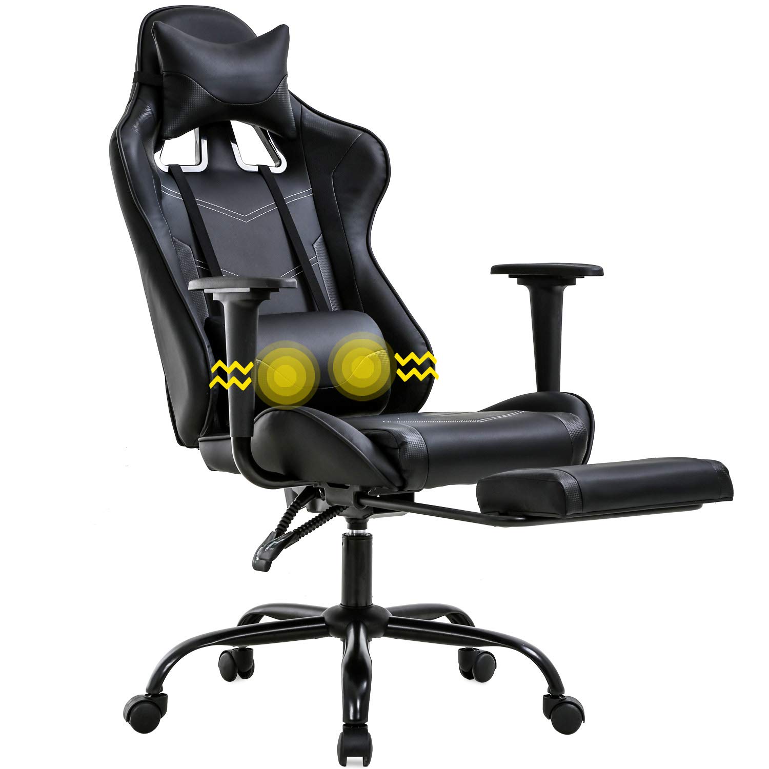 Ergonomic Gaming Chair with Lumbar Support & Headrest - PU Leather Racing Office Desk Chair for Adults - Adjustable Swivel Computer Task Chair with Footrest & Massage Function - Perfect for Home Office, Gaming Setup & Workstation (Black)