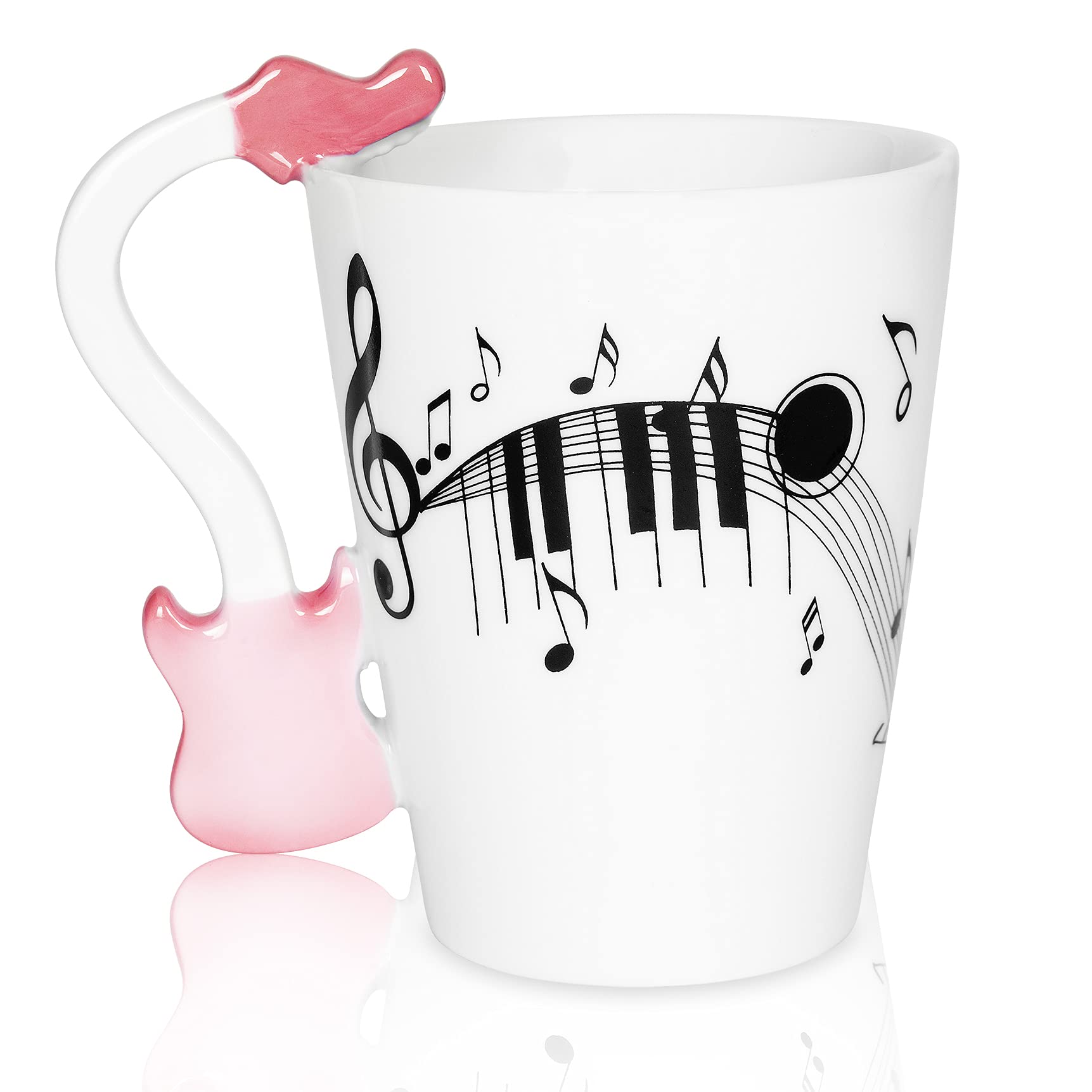 13.5 oz Guitar Shaped Coffee Mug - Perfect Music Gift for Guitar Players & Musicians - Unique Birthday & Christmas Present for Men & Women - Ideal for Coffee, Tea or Office Desk Decor (New Pink)