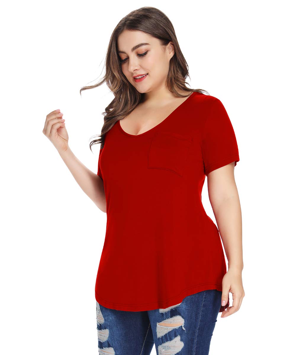 MONNURO Plus Size Women's Casual V-Neck Short Sleeve T-Shirts with Pocket - Summer Comfort Top for Work, Travel & Everyday Wear
