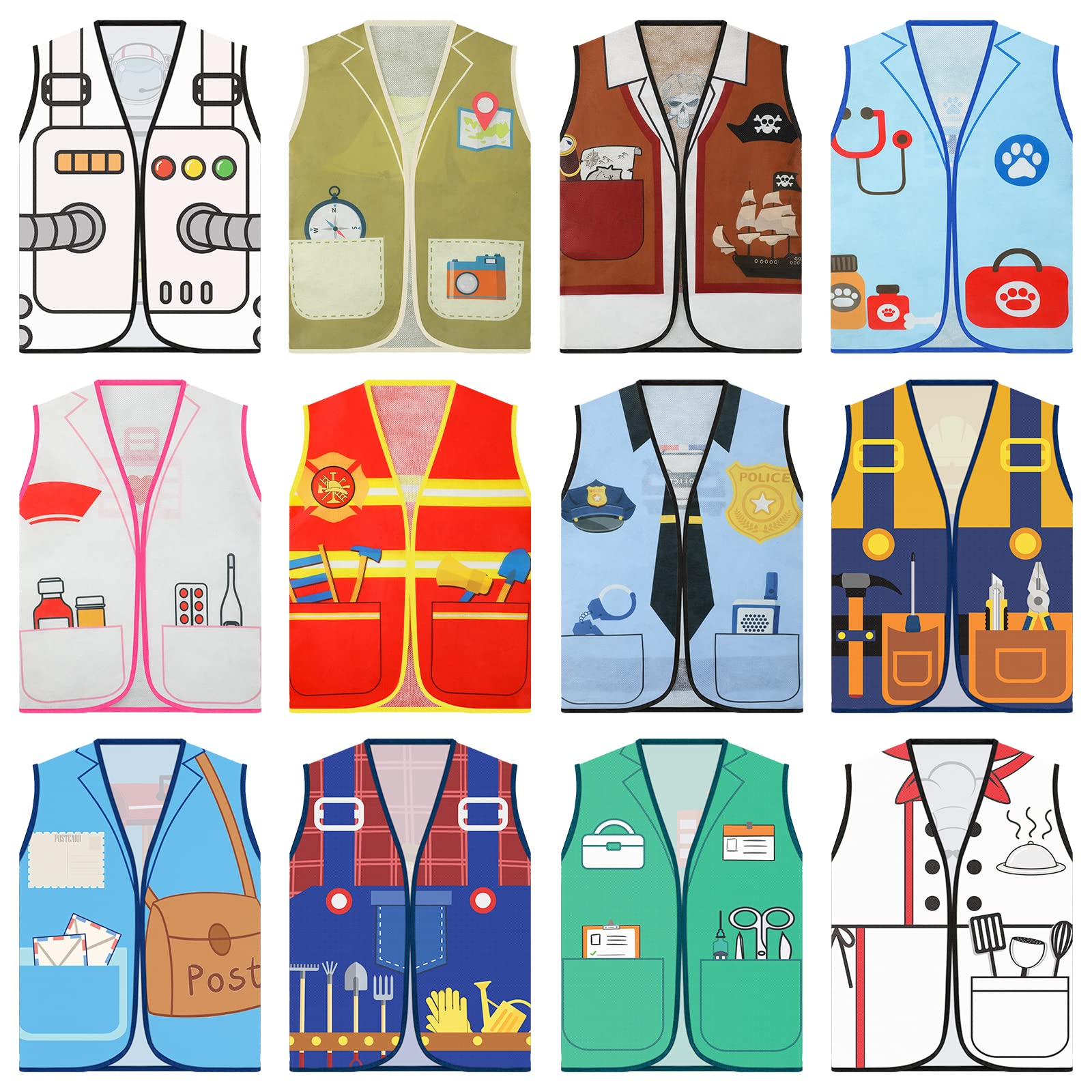 12PCS Kids Community Helper Costumes Set - Police, Doctor, Firefighter Dress Up Vest for Toddler & Preschool Role Play | Career Pretend Play, Dramatic Play Toys for Boys & Girls | Perfect for Classroom, Daycare & Birthday Parties