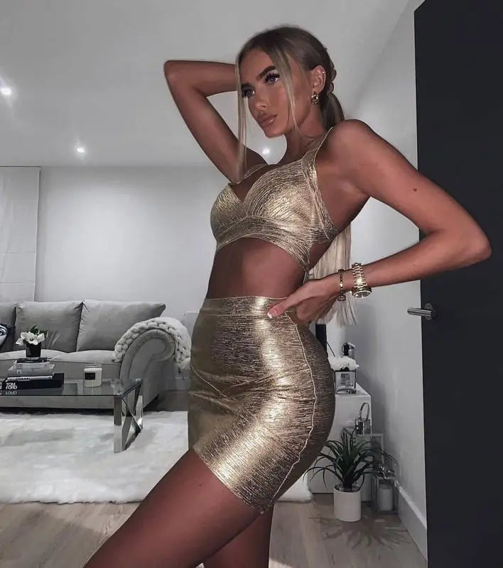 Blue Pink Gold 2-Piece Foil Print Rayon Bandage Dress Set for Evening Party & Night Out - Sexy Clubwear, Cocktail Dresses, Date Night Outfits