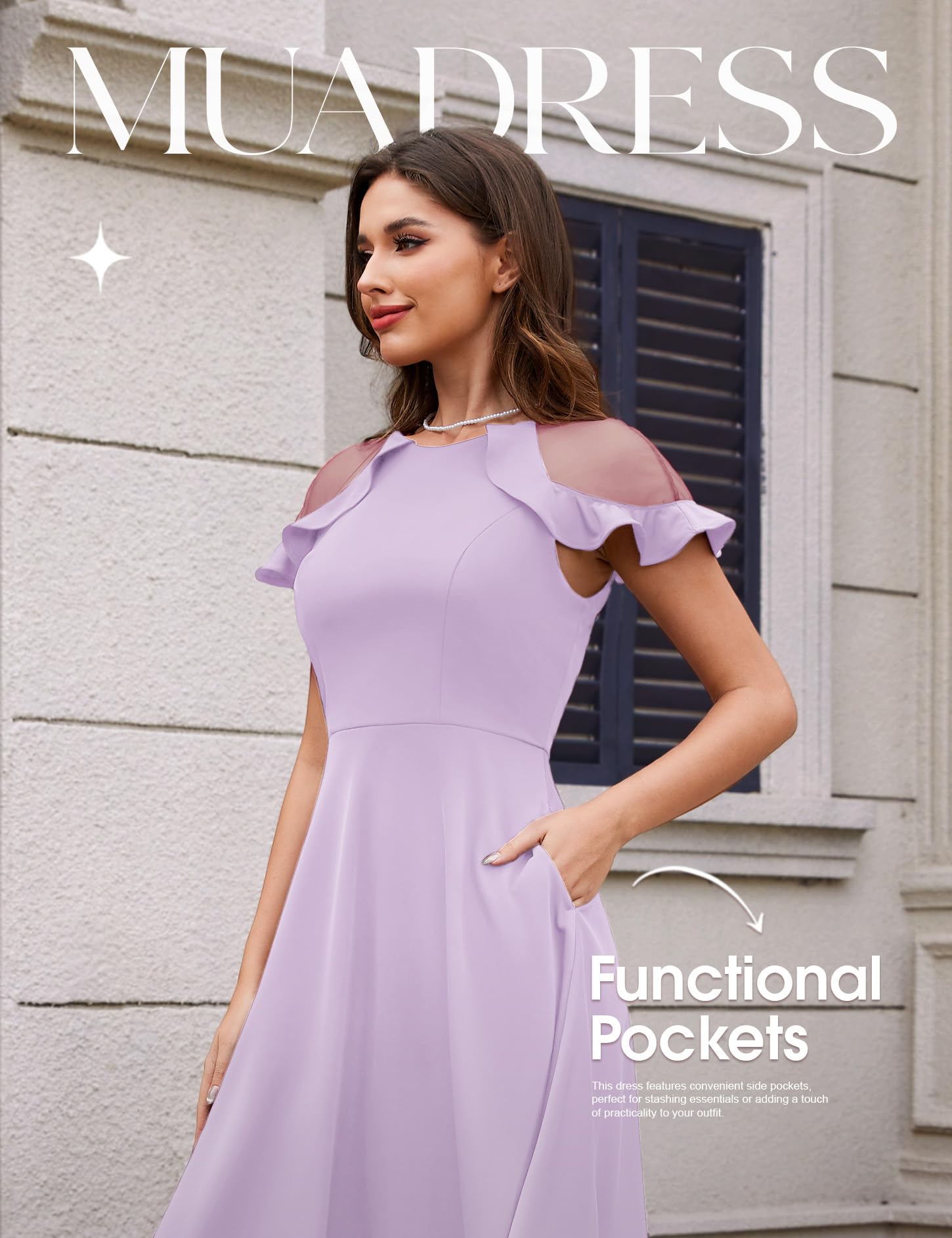 MUADRESS Women's Mesh Ruffle Short Sleeve Crewneck Formal Dress - Knee Length A-Line Party Midi Dress with Pockets for Wedding Guest, Cocktail Party, and Special Occasions
