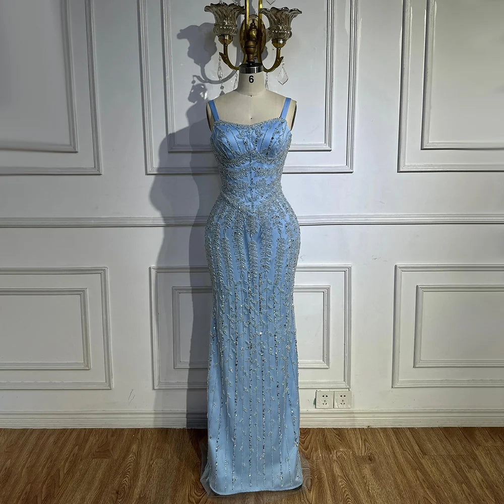 Luxury Dubai Arabic Blue Spaghetti Strap Mermaid Gown - Beaded Saudi Evening Dress for Formal Occasions, Weddings, Prom & Special Events LA72725
