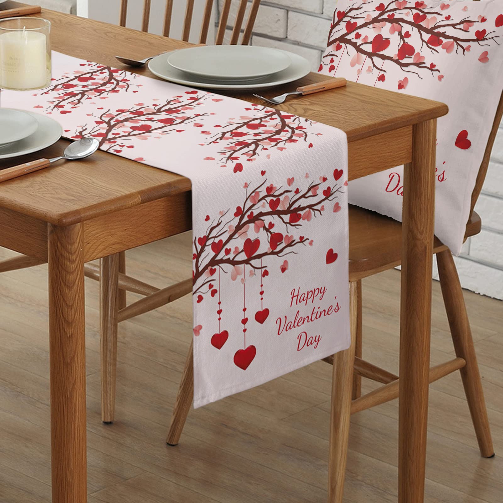 Valentine's Day Table Runner 90 Inches Long - Pink Cotton Linen Tablecloth for Coffee Table, Wedding, Party & Dining Decor - Romantic Heart Tree Design - Perfect for Valentine's Decor, Anniversary Gifts & Holiday Table Settings