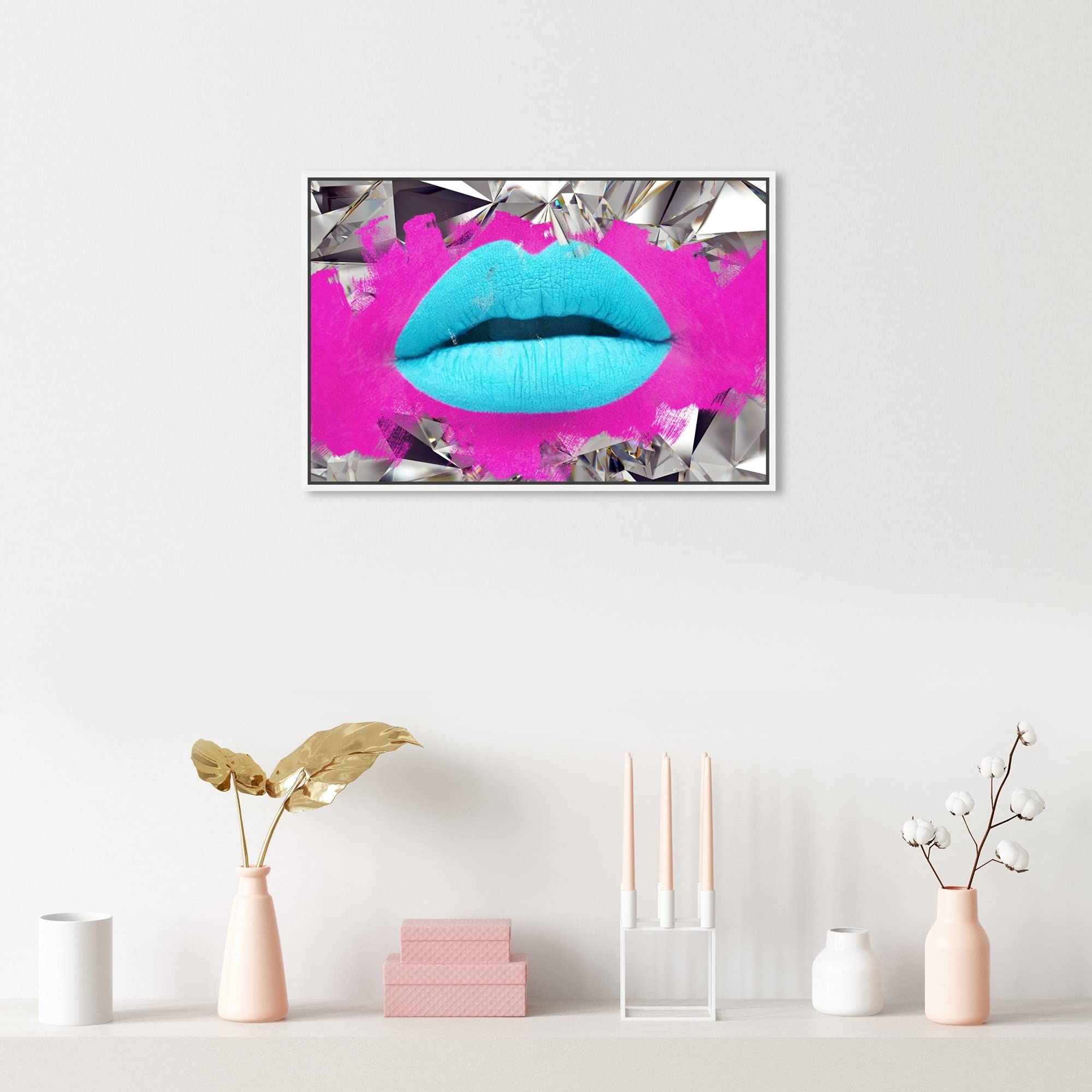Oliver Gal Artist Co. Fashion Glam Wall Art - Lips Androkiss Canvas Print with White Floating Frame 24x16 Inches - Perfect for Living Room, Bedroom & Office Décor