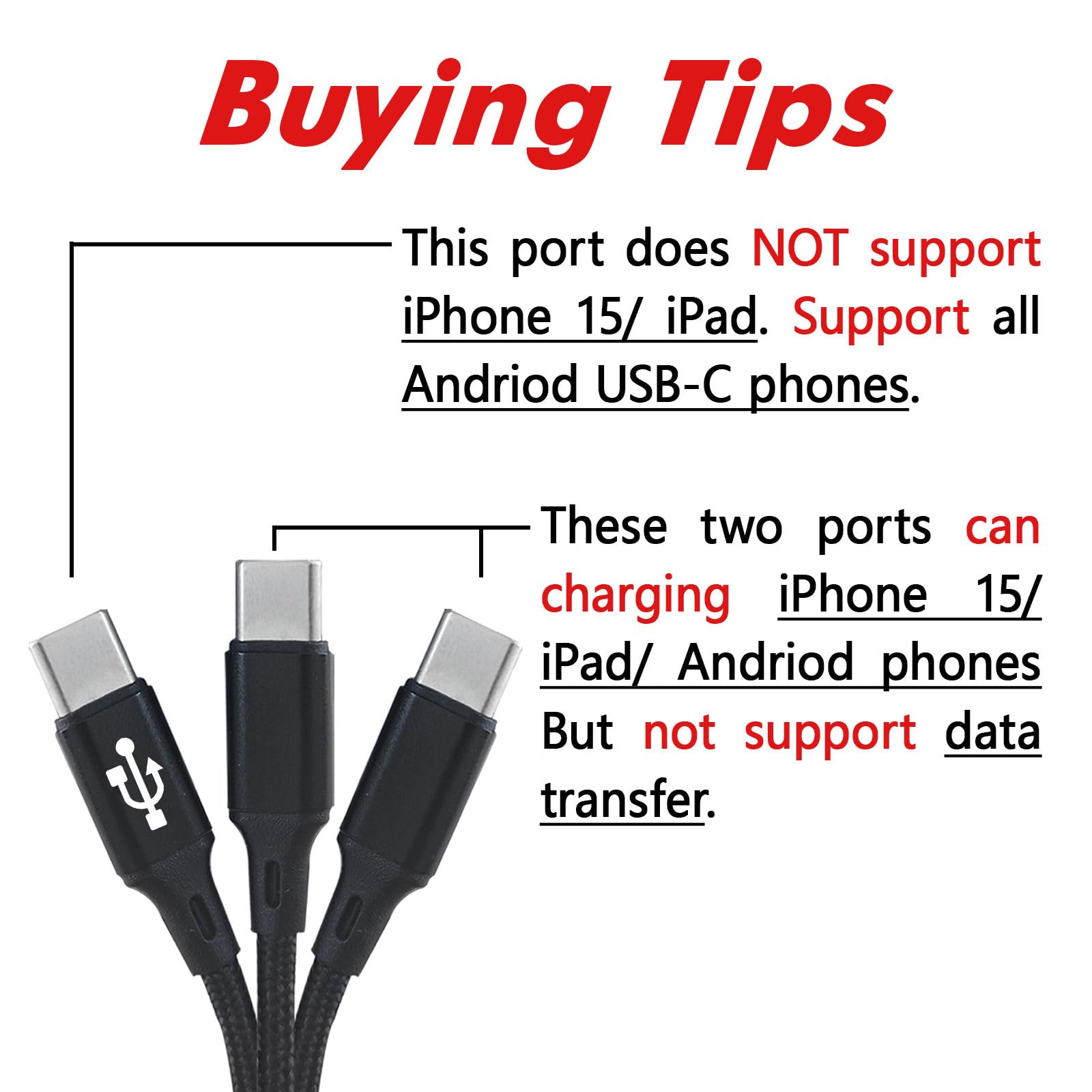 6.6FT 2-Pack Multi USB C Cable - Fast Charging 3-in-1 Splitter for iPhone 15 Pro/Pro Max/Plus, iPad Air/Pro, Samsung Galaxy S24/S23, PS5 - Charge 3 Devices Simultaneously | Perfect for Home, Office & Travel Charging