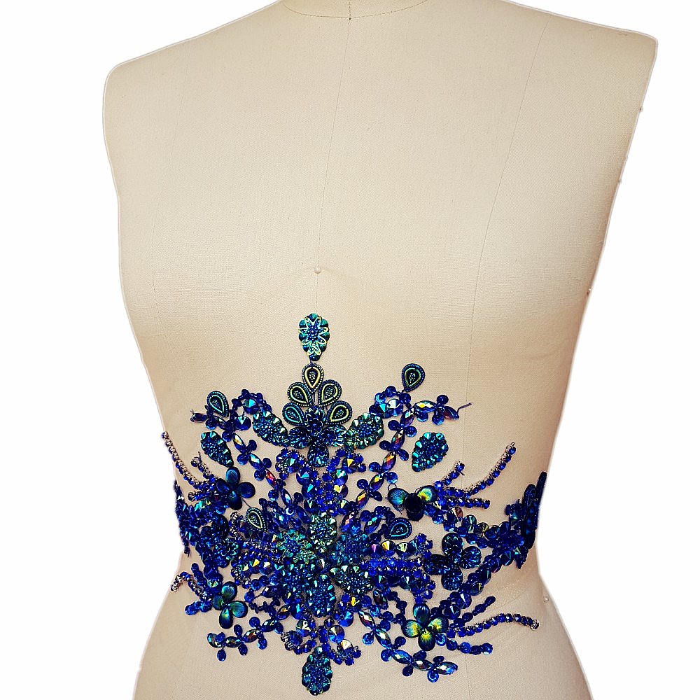 Handmade Beaded Crystal Patches - AB Rhinestone Appliques for DIY Sewing on Wedding Dresses, Belts & Waist Decorations (Blue) | Sparkling Sequins & Beads for Bridal, Costume & Craft Projects
