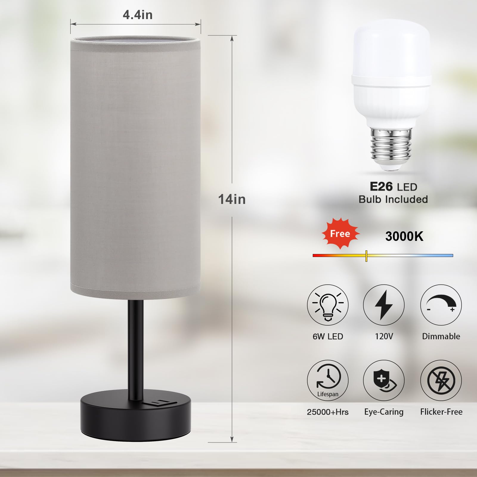 Grey 3-Way Dimmable Touch Bedside Lamp with USB Charging Station - Adjustable Nightstand Table Lamp for Bedroom, Desk, Dorm, Office, Kids Room, Perfect for Reading, Studying, and Relaxing
