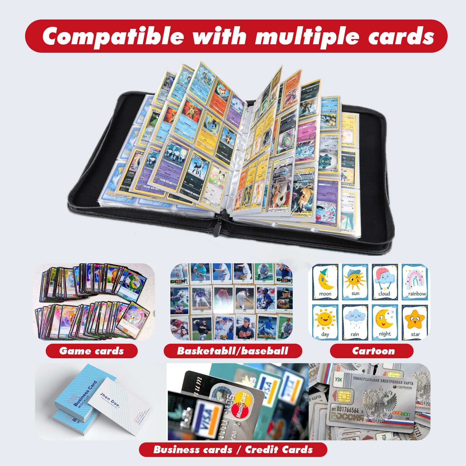 Trading Card Binder - 4 Pocket 440 Cards Storage Album with 55 Removable Sleeves | Compatible with Football Cards, TCG Games & Sports Cards | Durable Collector Organizer for Card Games & Display (Red) - Perfect for Collectors, Tournaments & Home Organization