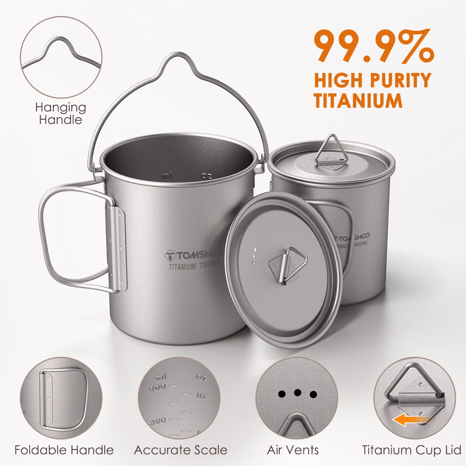 TOMSHOO Titanium Camping Pot with Lid - Lightweight Outdoor Coffee Mug, Foldable Handle for Backpacking, Hiking & Travel - Perfect for Campfire Cooking & Outdoor Adventures