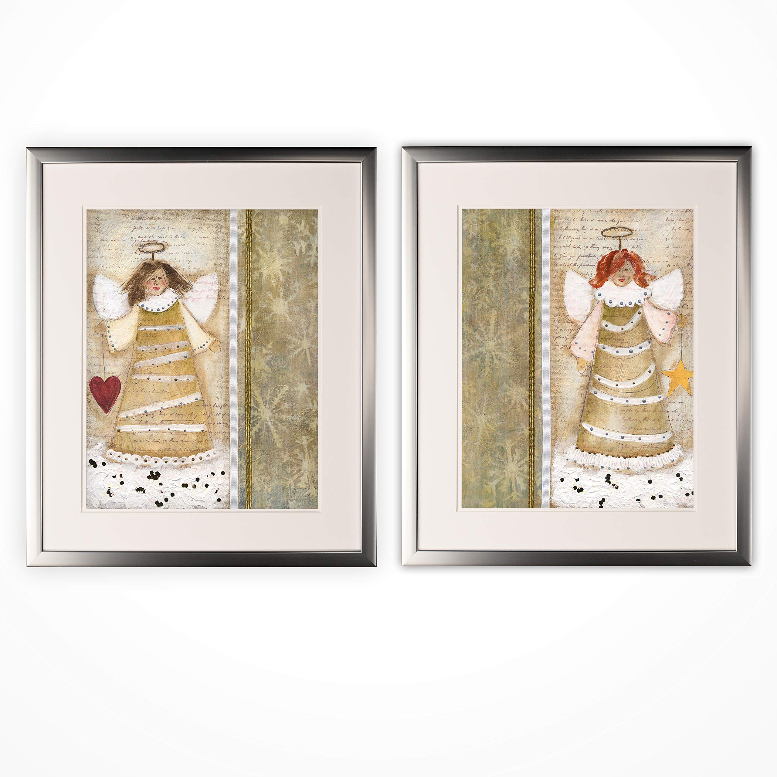 Wexford Home Christmas Angel 2-Piece Set - Silver Frame Wall Art Prints for Holiday Decor & Gift Giving