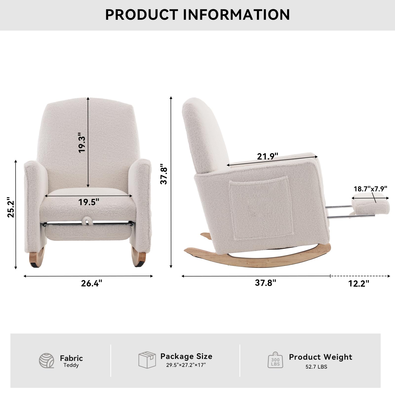 FOXHUNTER Adjustable Rocking Chair with Footrest - High Back Glider Nursery Chair with Side Pockets - Soft Upholstered Living Room Rocker in Teddy Ivory - Perfect for Nursing, Reading & Relaxing