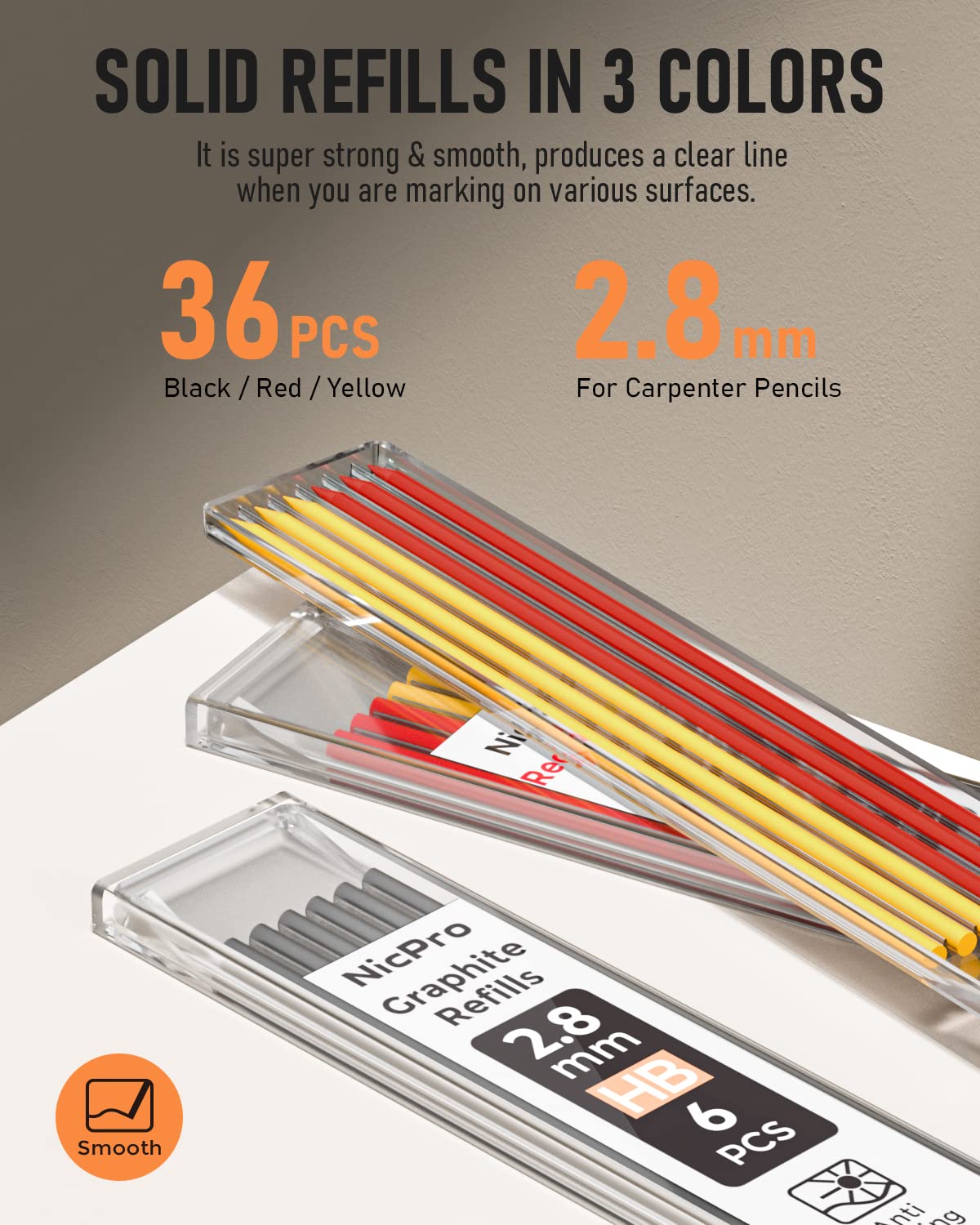 Nicpro 3-Pack Heavy Duty Mechanical Carpenter Pencils with Sharpener & 39 Refills - Woodworking, Construction & Architect Pencils (Red, Black, Yellow) with Protective Case - Perfect for DIY Projects, Building Plans & Professional Drafting