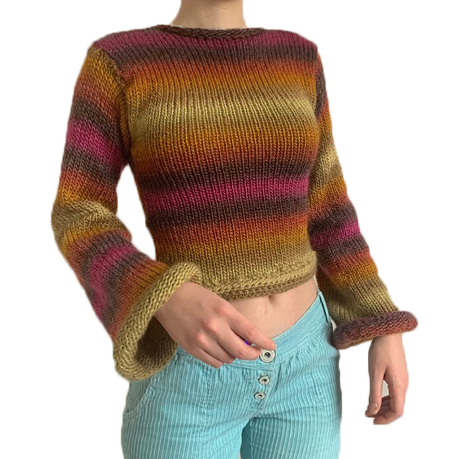 Y2K Women's Flared Long Sleeve Cropped Crew Neck Sweater Pullover - Casual Rib Knit Jumper for Streetwear | Perfect for Fall Layering, Coffee Dates & Vintage Fashion Outfits