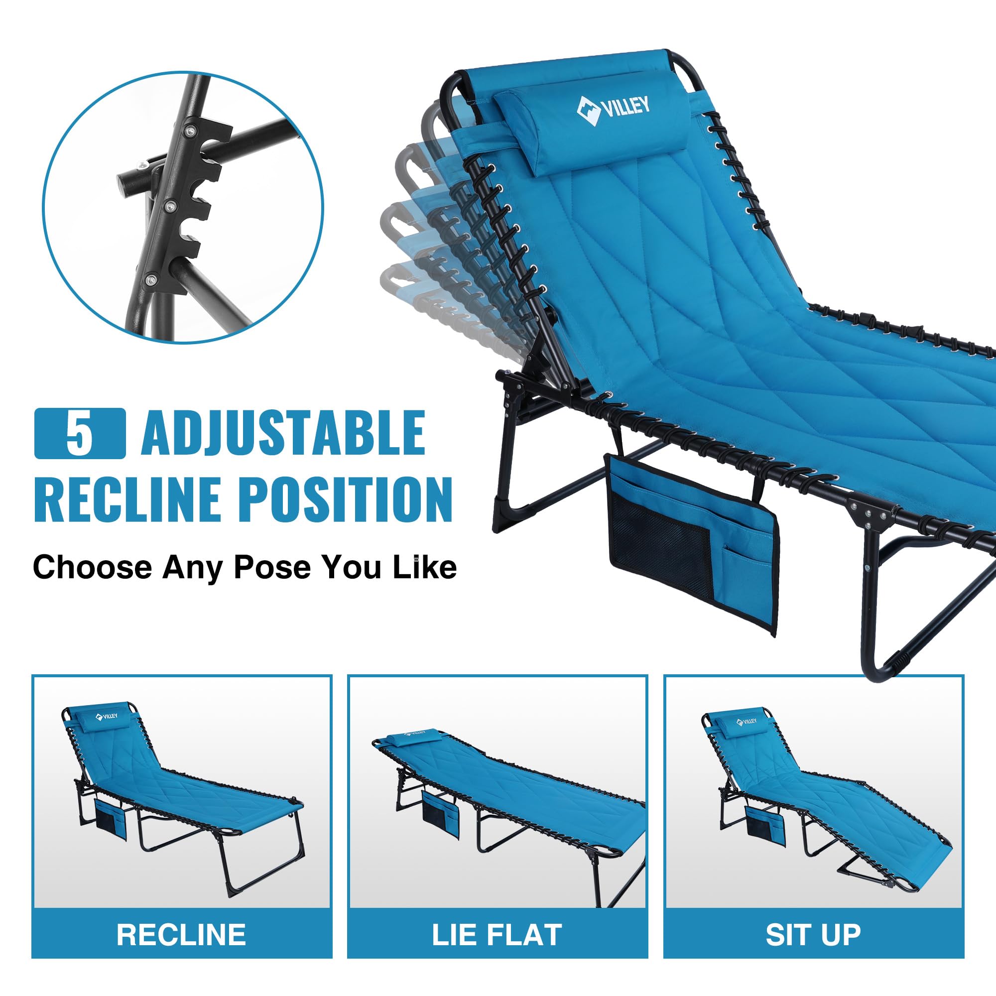 VILLEY Oversized Padded Chaise Lounge Chair with Cushion - Foldable Camping Cot & Patio Recliner - Portable Folding Sleeping Bed for Outdoor, Indoor, Backyard, Garden, Camping, Beach - Perfect for Relaxing, Sunbathing and Lounging