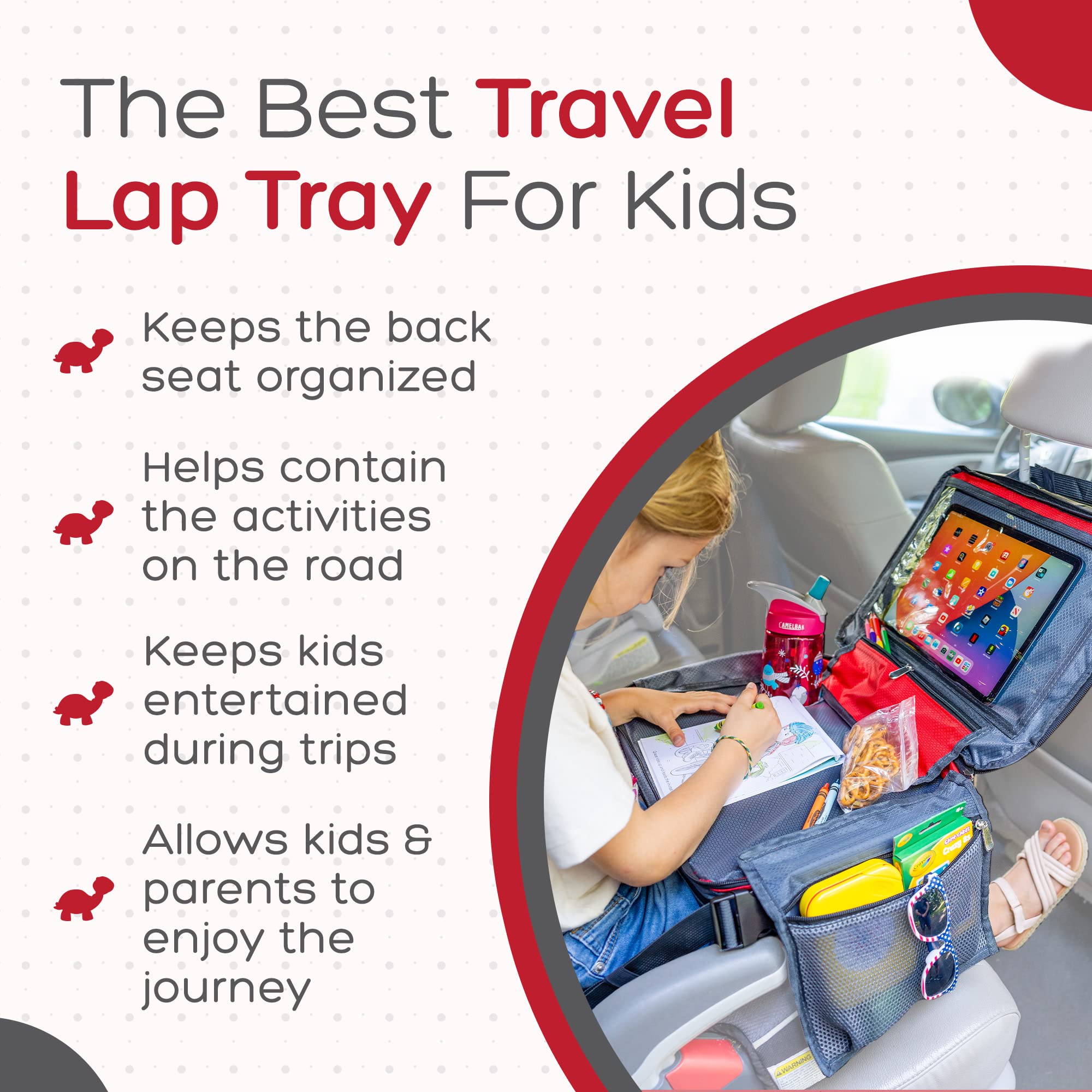 BE Family Travel Kids Car Seat Travel Tray - Portable Snack & Activity Tray for Toddlers | Red Multi-Purpose Car Accessories | Perfect for Road Trips, Snack Time & Playtime in the Car