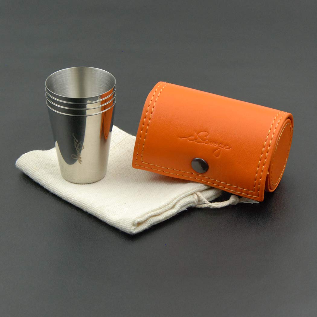 4-Pack 1.2oz Stainless Steel Shot Glasses with Orange Leather Case | 18/8 Rust-Proof Barware for Whiskey, Tequila & Cocktails | Perfect for Parties, Gifts & Home Bars