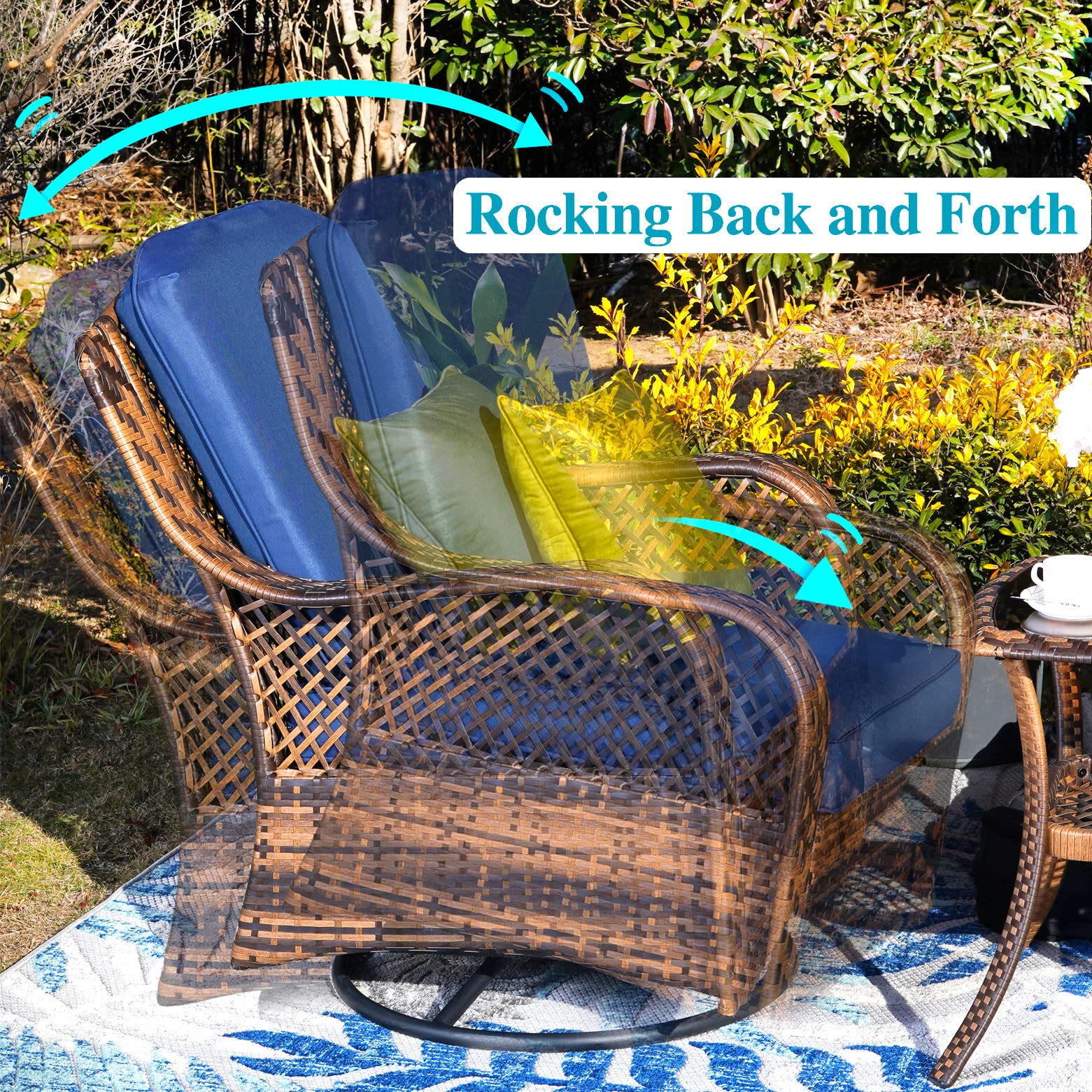 PHI VILLA 4-Piece Outdoor Swivel Rocker Chair Set with Square Gas Fire Pit Table - Wicker Patio Furniture for Garden, Deck, Porch & Backyard - Navy Blue - Perfect for Entertaining, Relaxing & Outdoor Gatherings