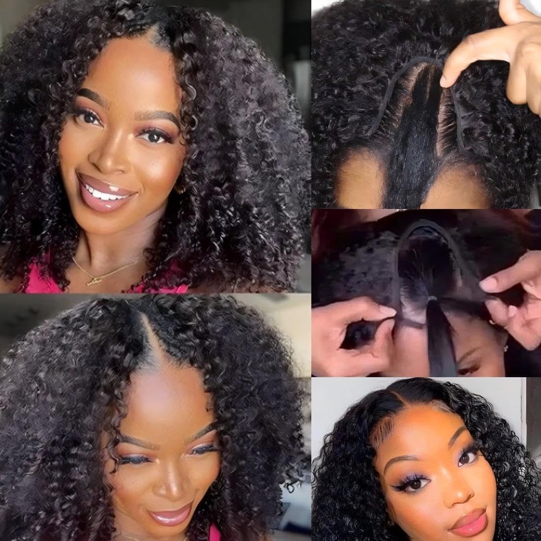 ISEE V Part Human Hair Afro Curly Glueless Clip-In Half Wig for Black Women - 180% Density Kinky Curly Thin Part U Part Wig 16 Inch Natural Color | Perfect for Daily Wear, Special Occasions & Protective Styling