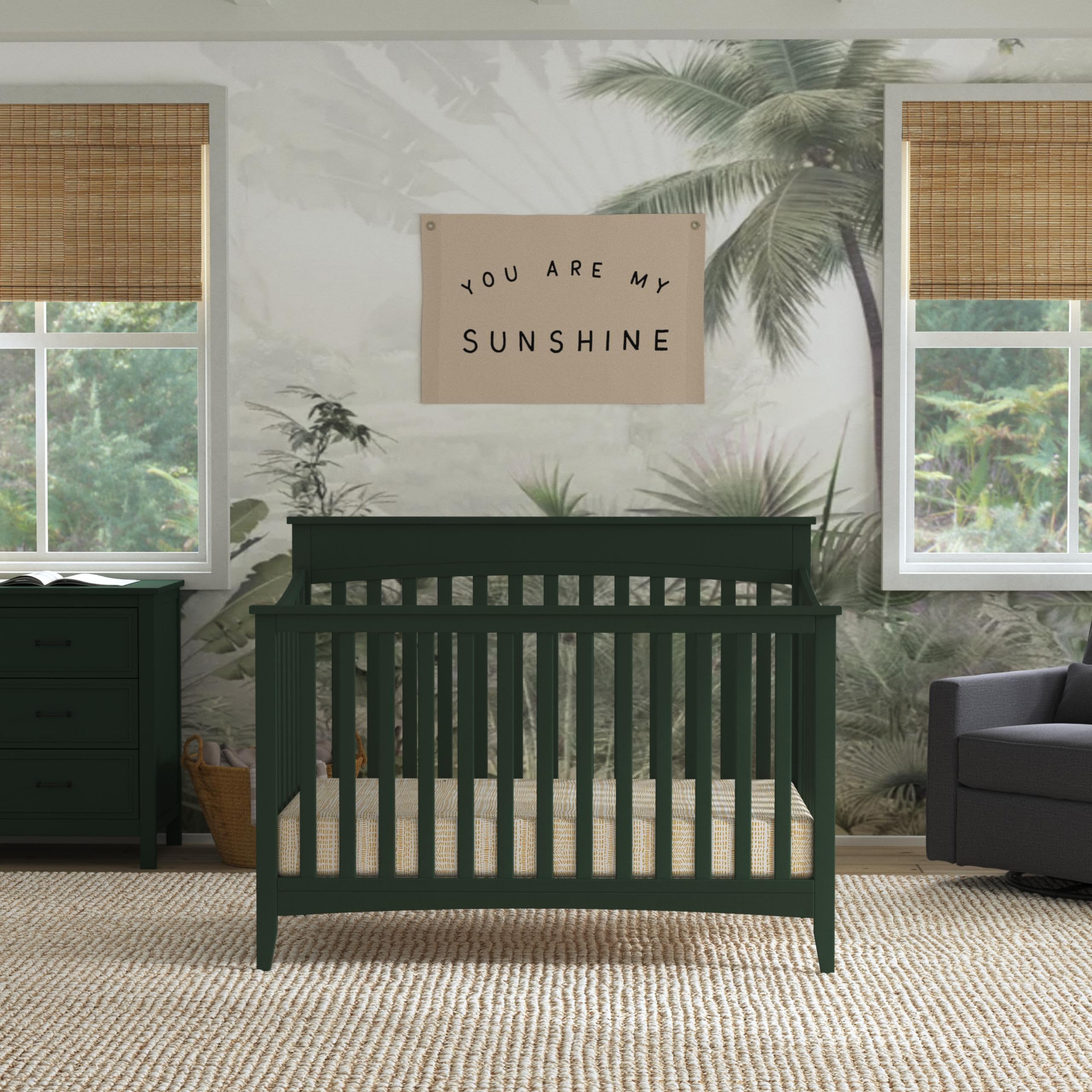 DaVinci Grove 4-in-1 Convertible Baby Crib - GREENGUARD Gold Certified, Converts to Toddler Bed, Daybed & Full Size Bed - Adjustable Height Wooden Crib in Forest Green - Perfect for Nursery, Bedroom & Growing Toddlers